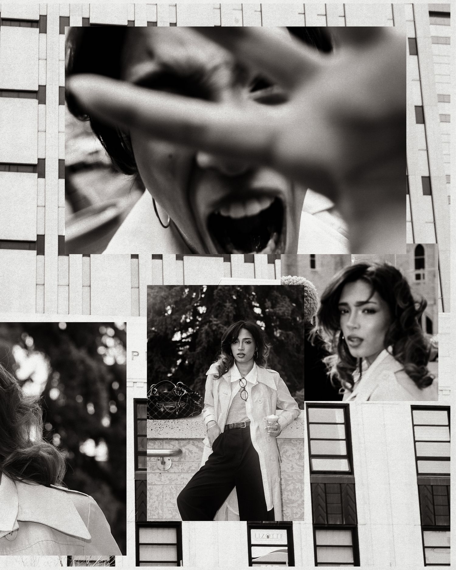 Black and white fashion collage featuring woman in white blazer and wide-leg pants with urban backdrop.