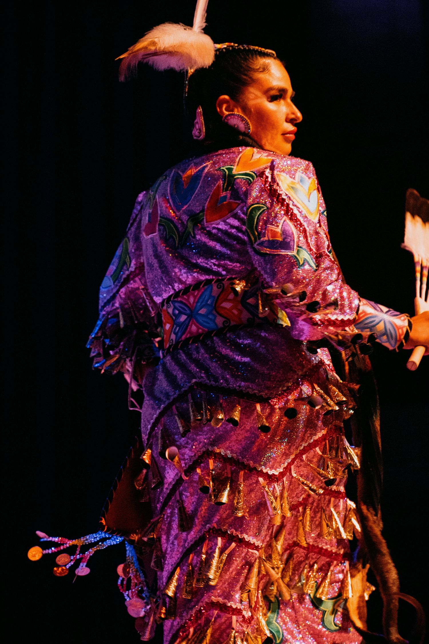 Native American dancer performs in vibrant beaded regalia with fringe and feathers at a cultural powwow event.