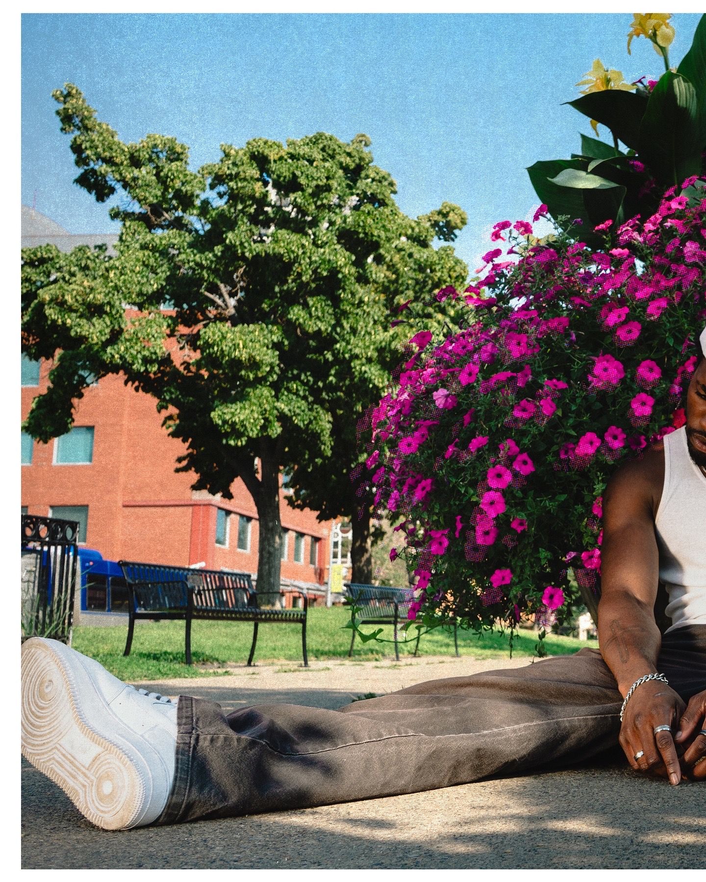 Man in white tank top and sneakers sitting on pavement beside bright pink flowering plants.