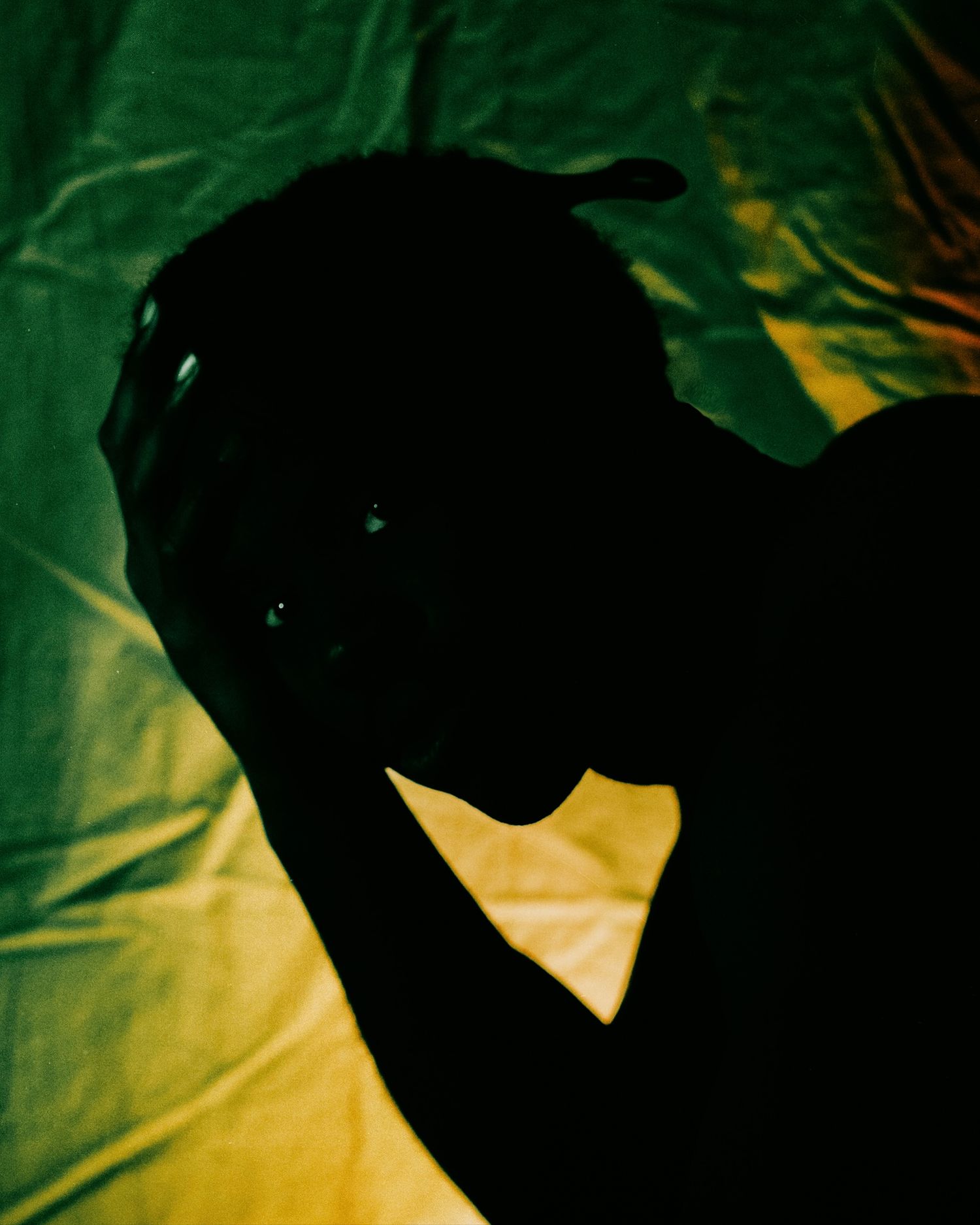 Silhouette of person holding head in hands against green and yellow fabric.
