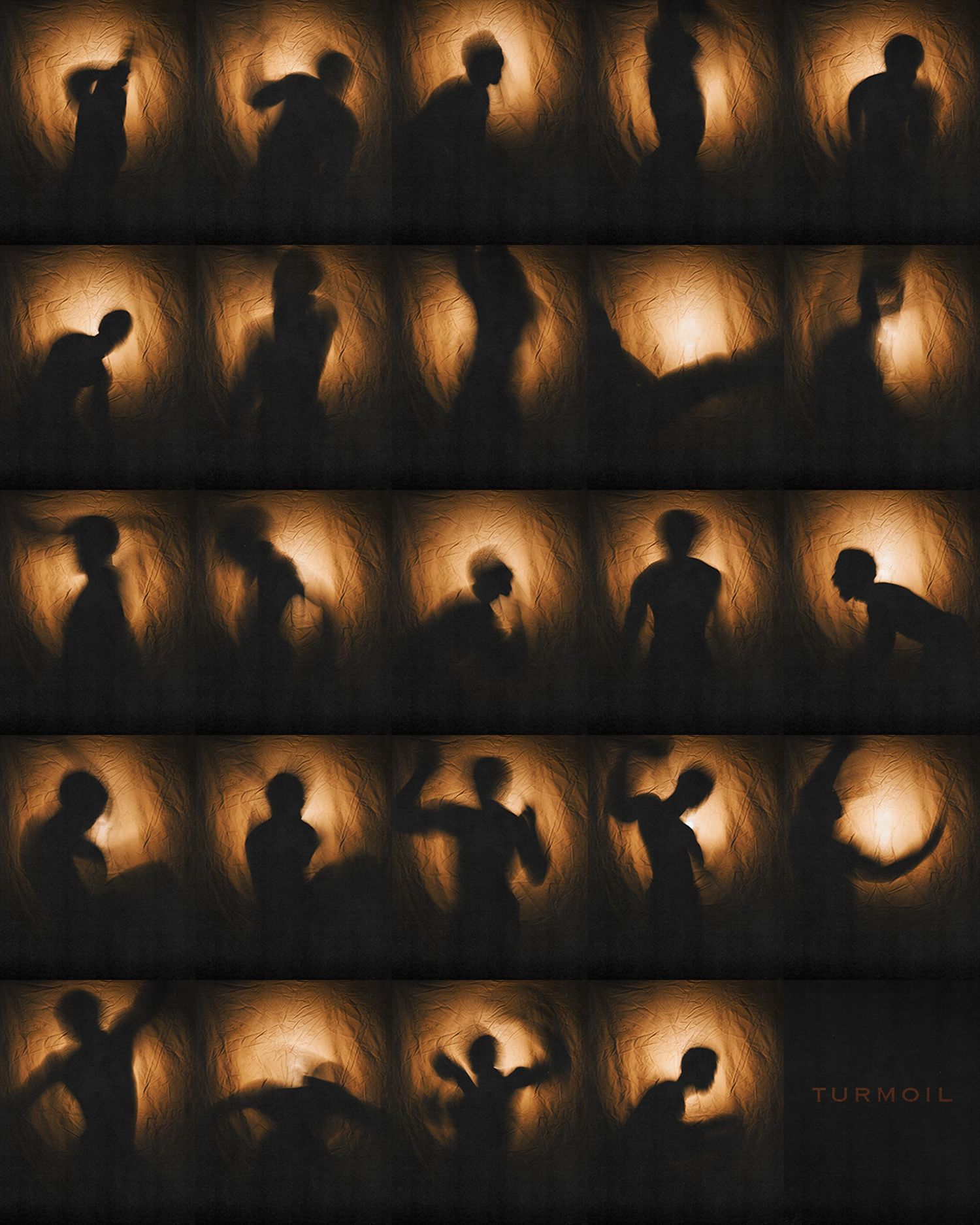 Grid of silhouettes showing person in various poses behind glowing amber light.