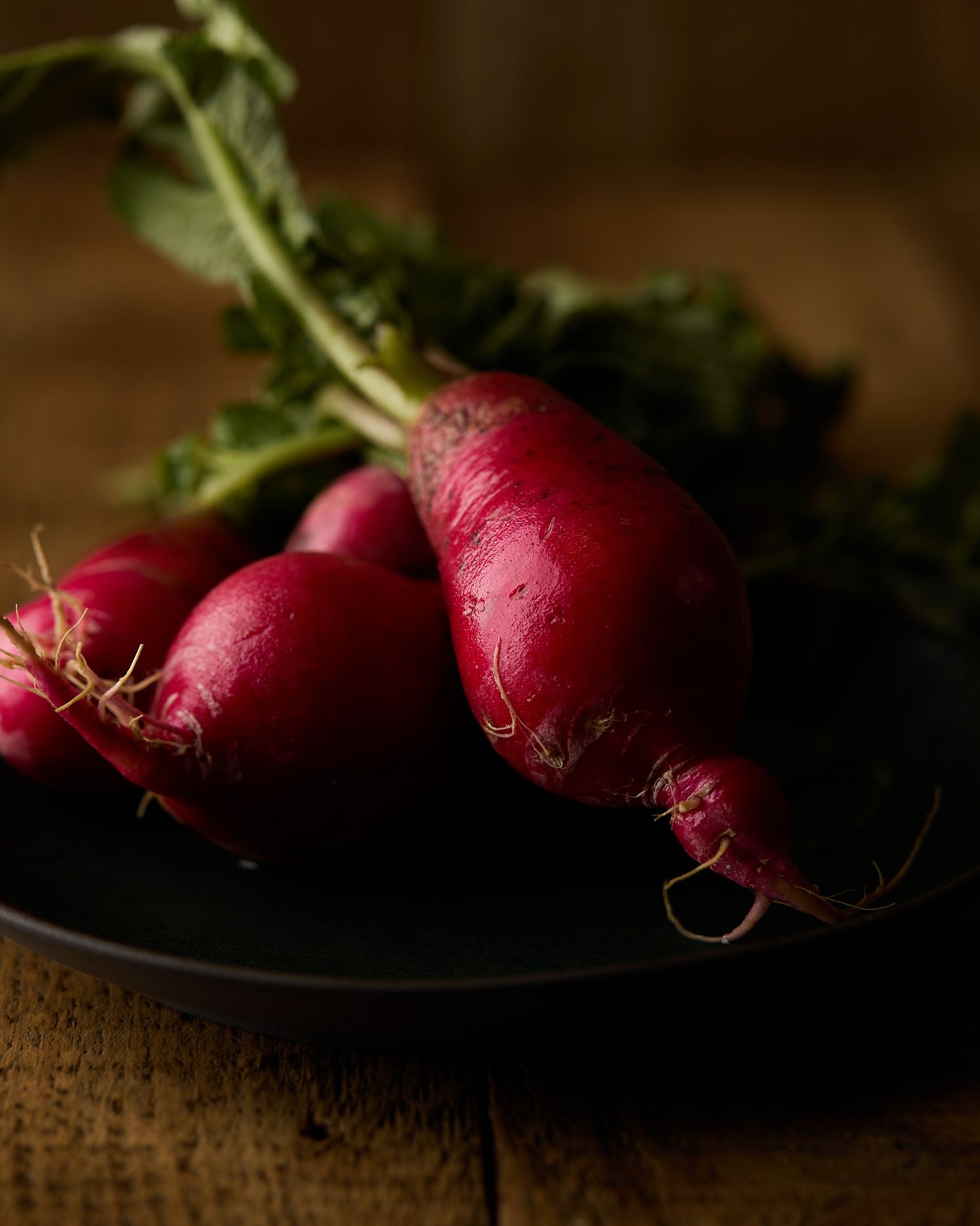 Moody still life of fresh red radishes with leafy green tops from Fresh Harvest arranged on a dark plate against a rustic wooden background.