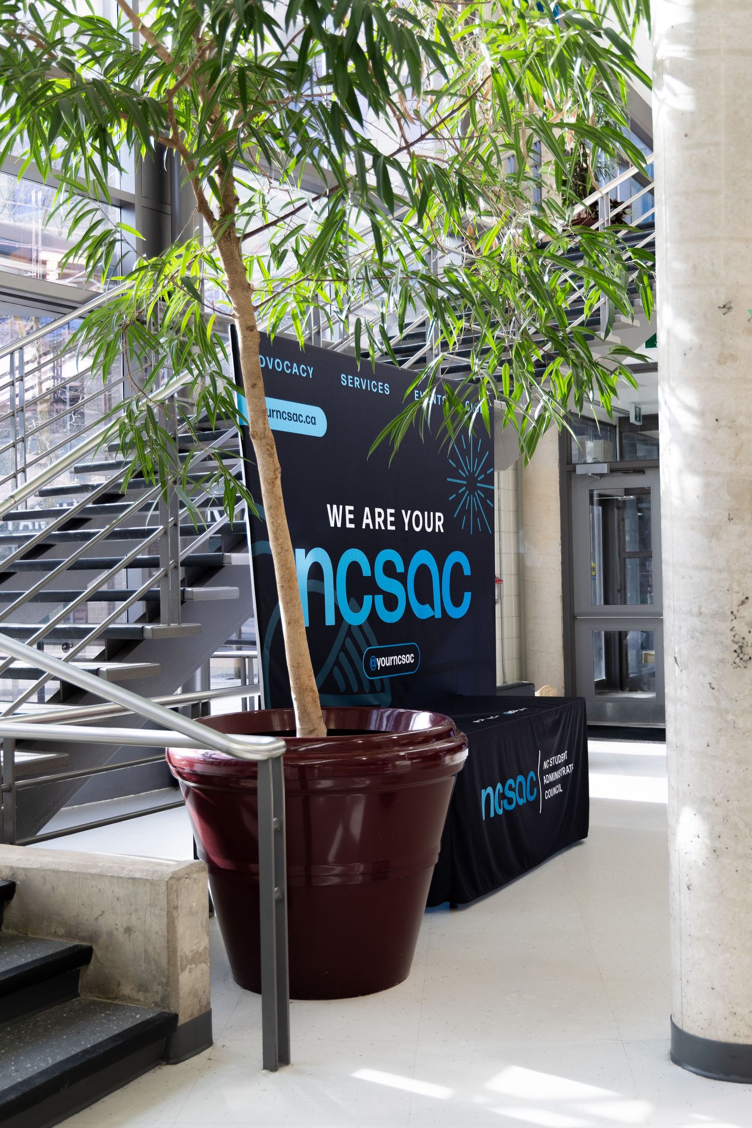 NCSAC organization banner and branded table display in modern atrium with indoor tree and stairs.
