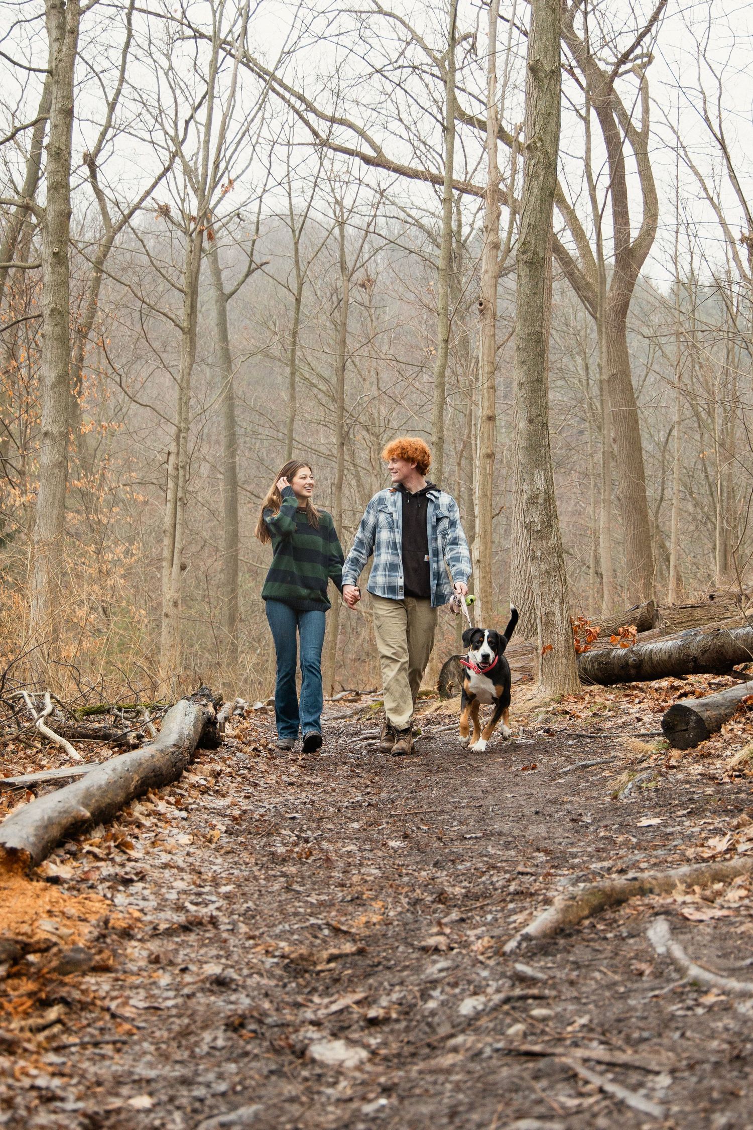 Couple holding hands walking dog on a forest trail in autumn with bare trees and fallen leaves.