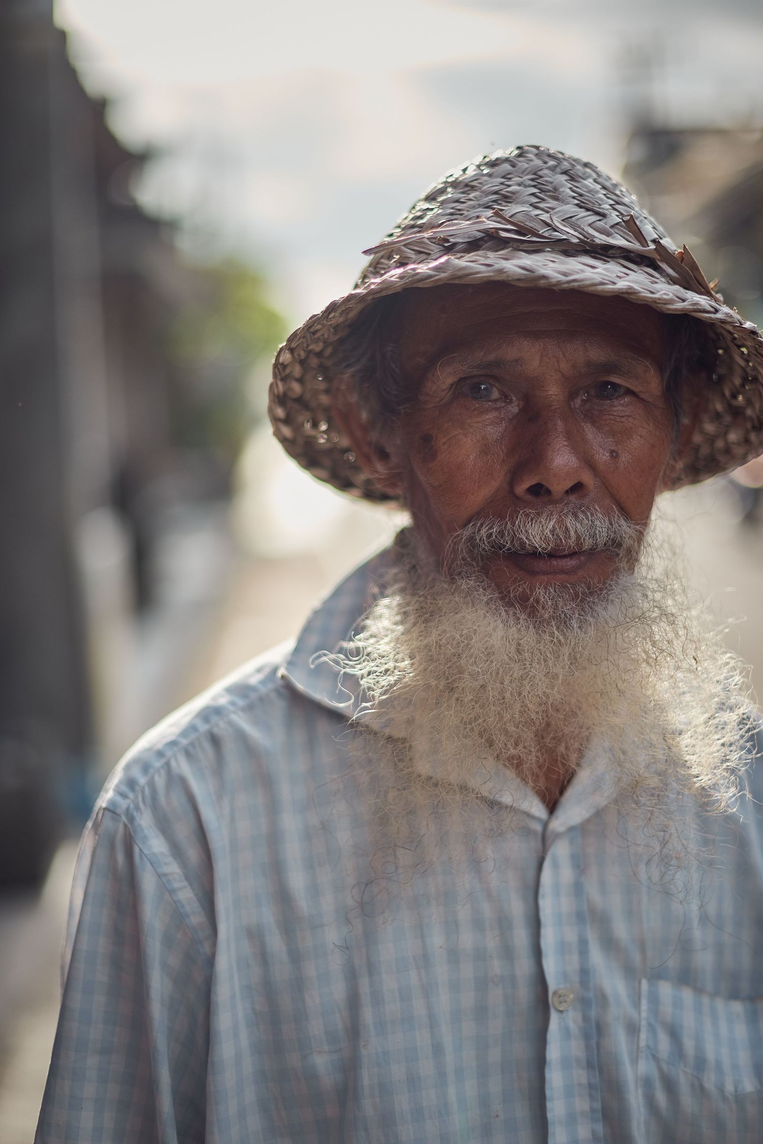 Elderly Asian man with white beard wearing a woven straw hat and plaid shirt on a blurred street background.
Lotus Land.Photo