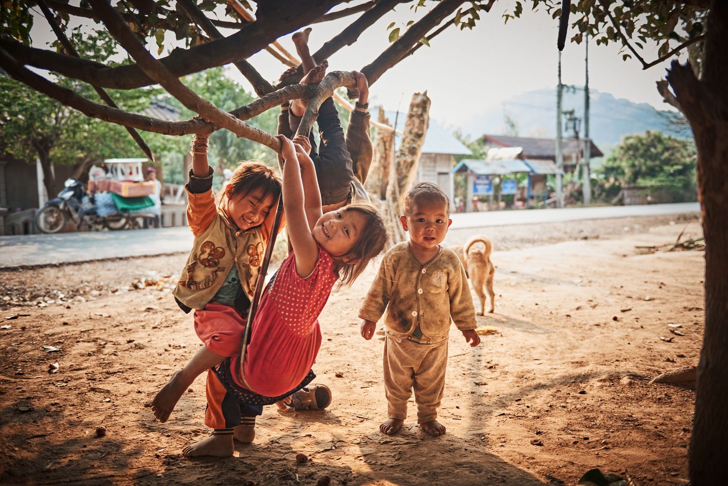 Three children playing and laughing under a tree on a sandy ground in a rural Southeast Asian village.
Lotus Land.Photo