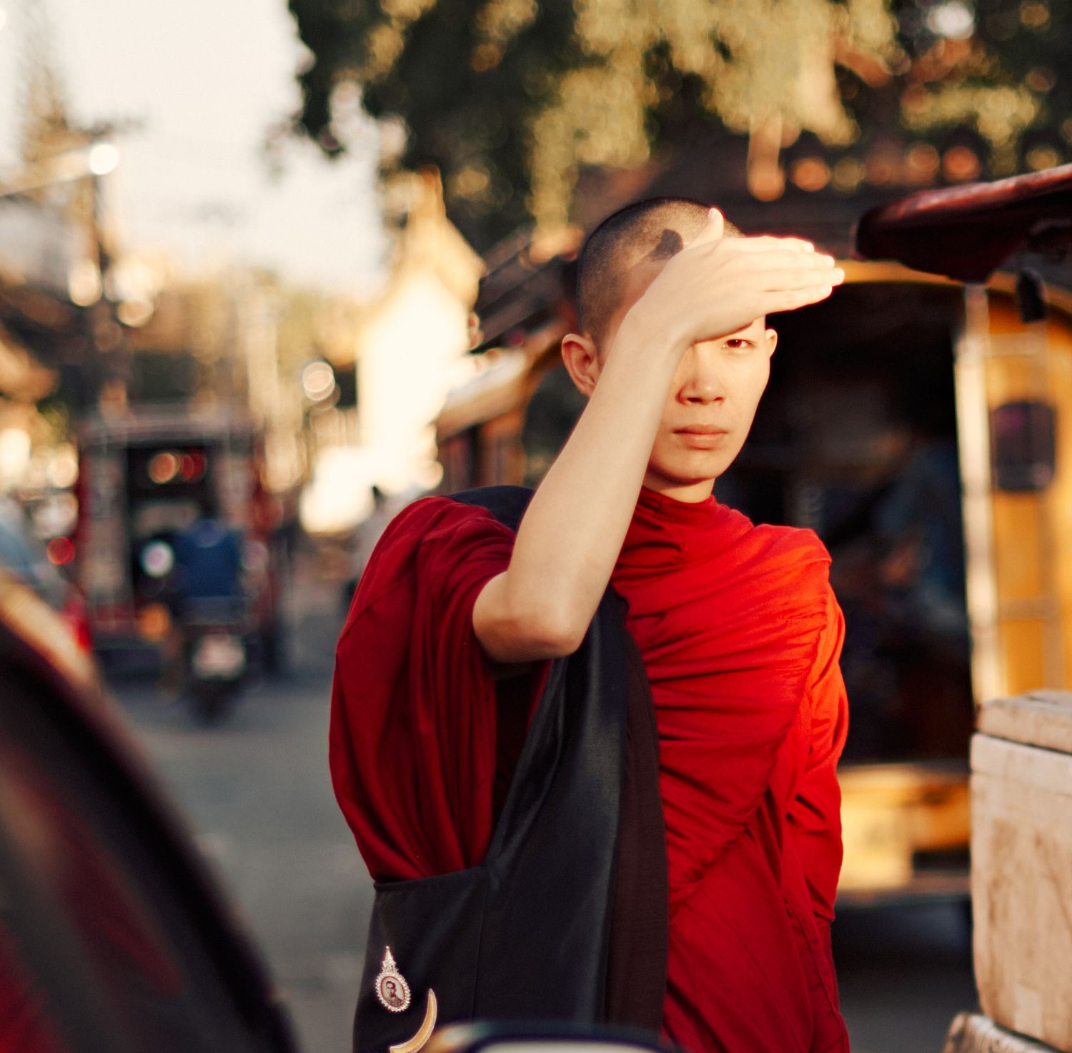 A young Buddhist monk in red robes shields his eyes from the sun on a busy street.
Lotus Land.Photo
