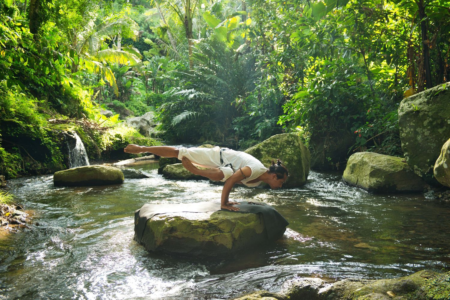 Man performing yoga arm balance pose on mossy rock beside a serene jungle stream surrounded by lush green tropical foliage.
Lotus Land.Photo