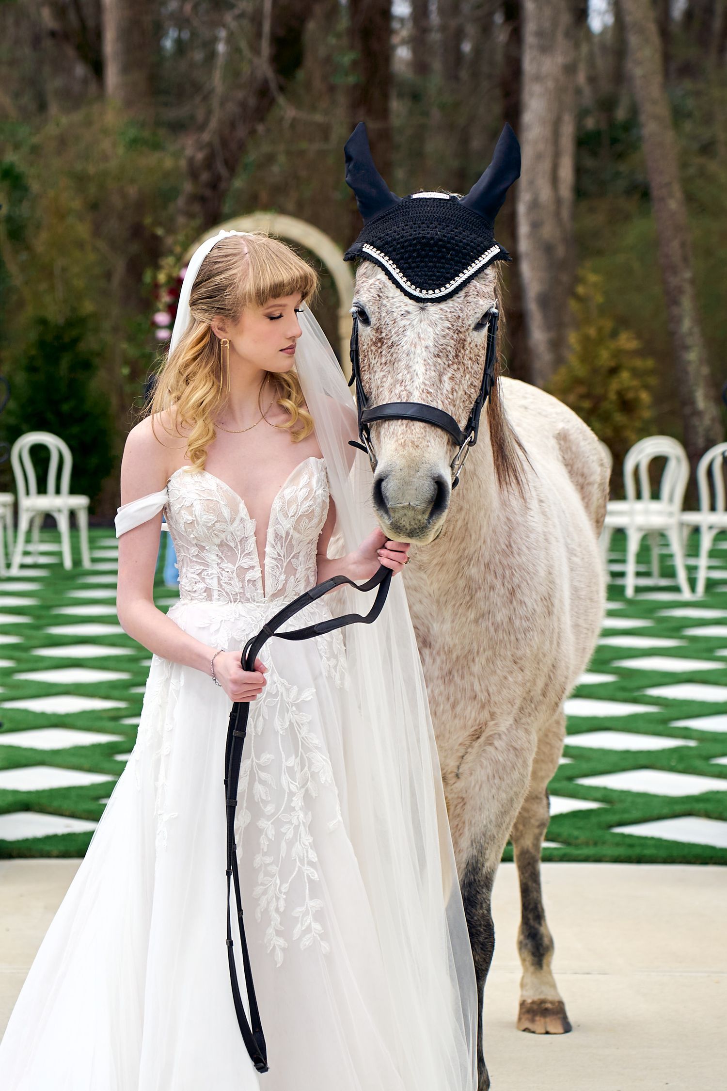 White horse wearing navy bonnet stands with person in lace wedding gown on checkered outdoor venue floor with chairs.