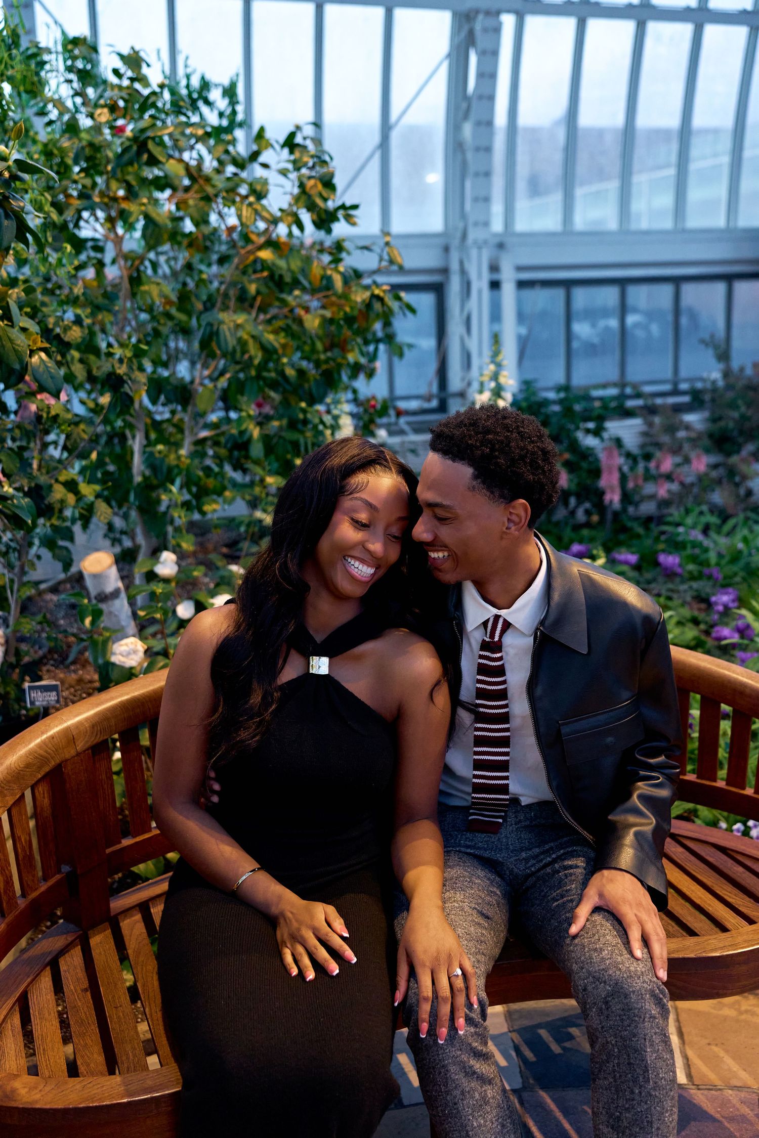 Joyful engaged couple sitting on a wooden bench surrounded by blooming flowers in a glass greenhouse.