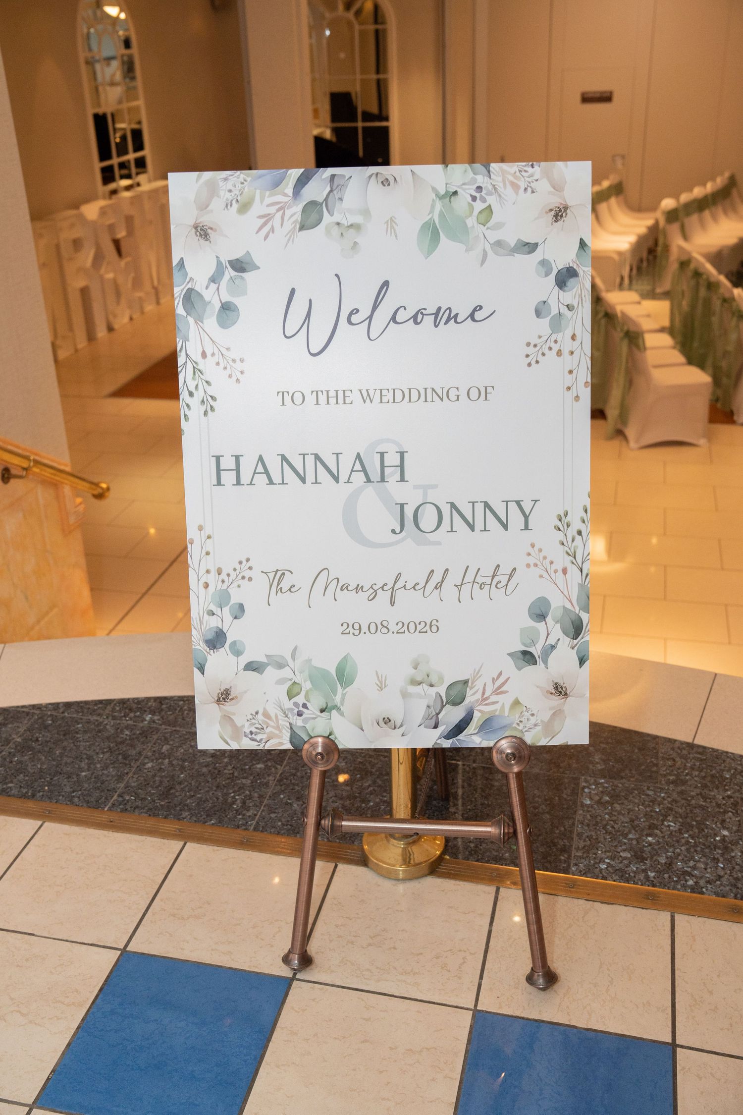 Welcome sign for Hannah and Jonny's wedding at The Mansefield Hotel on 29.08.2026 with floral design.