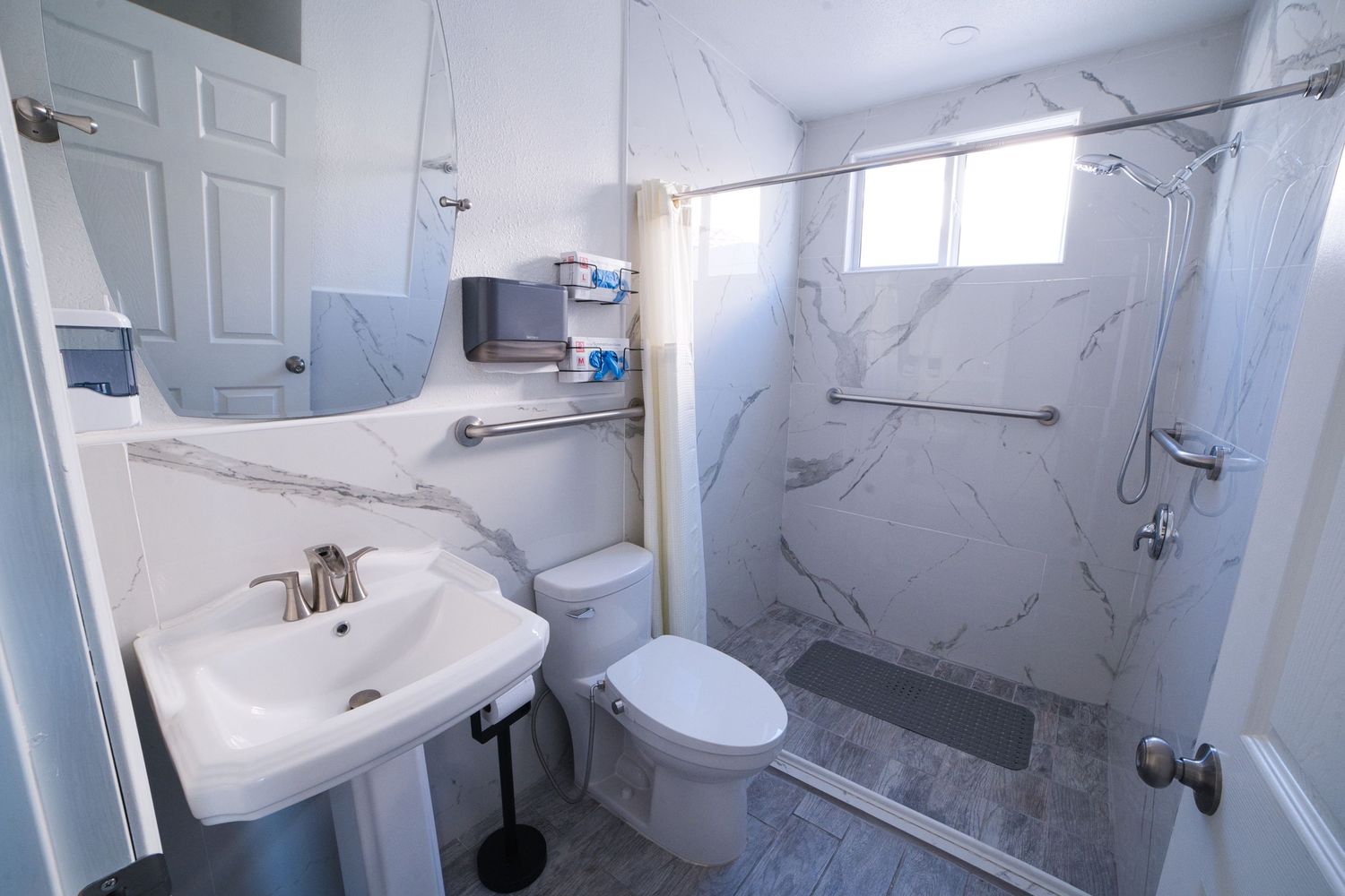 communal full bathroom at 1st Care Facility, home based RCFE, residential care facility for elderly in Highland, CA