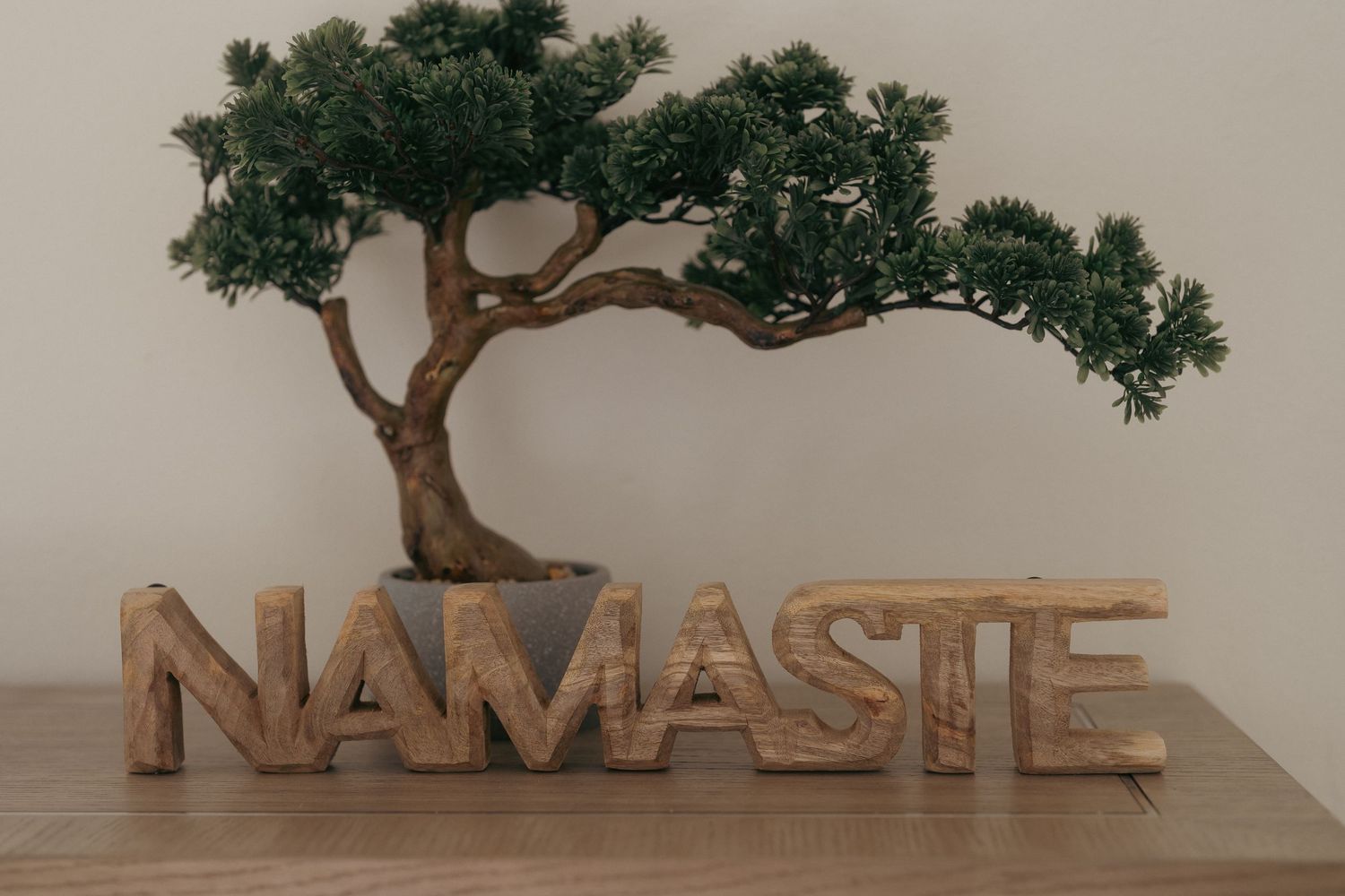 Decorative wooden NAMASTE letters displayed beside a bonsai tree on a wooden surface.
