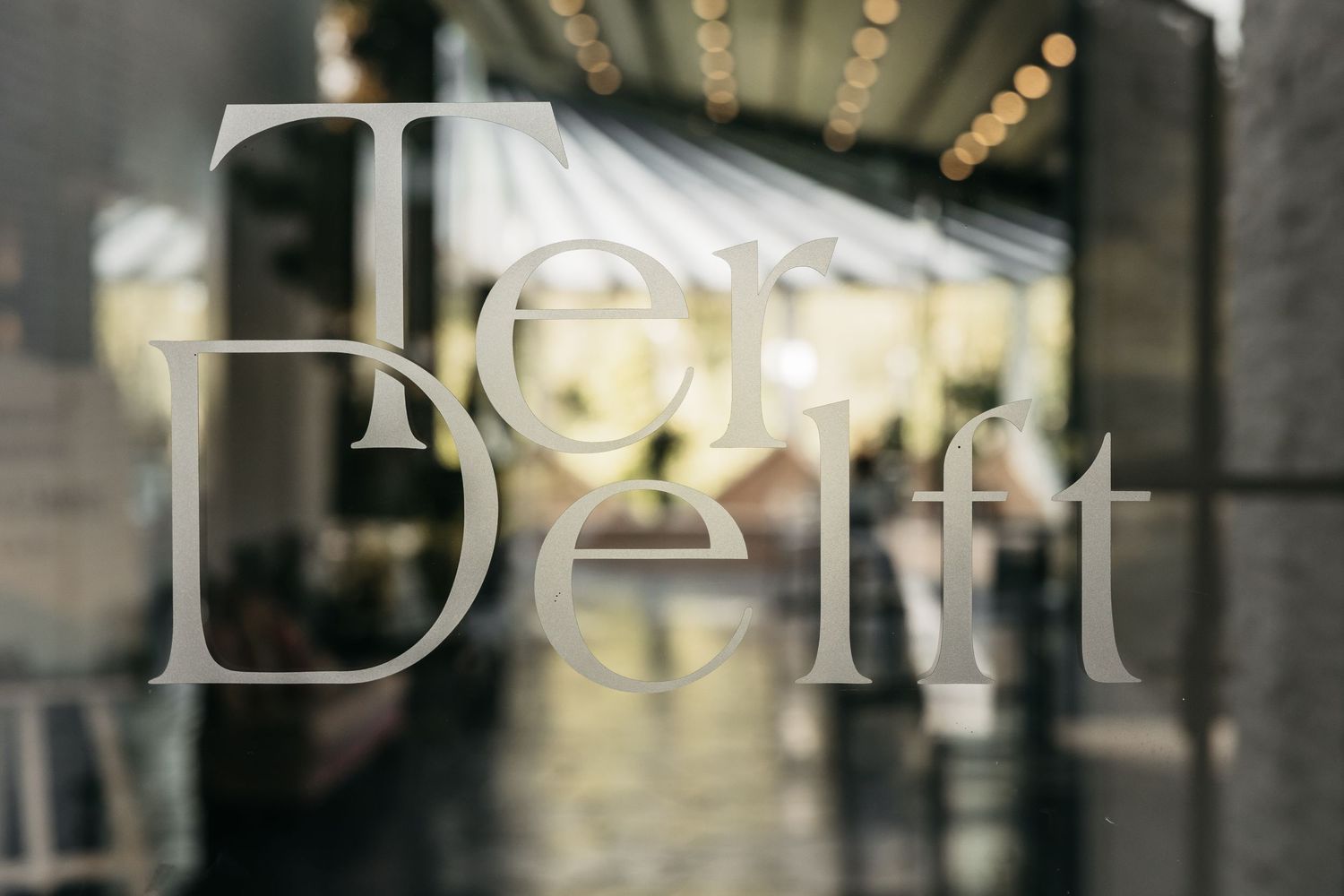 Elegant Ter Delft venue logo on glass door with blurred reception background.