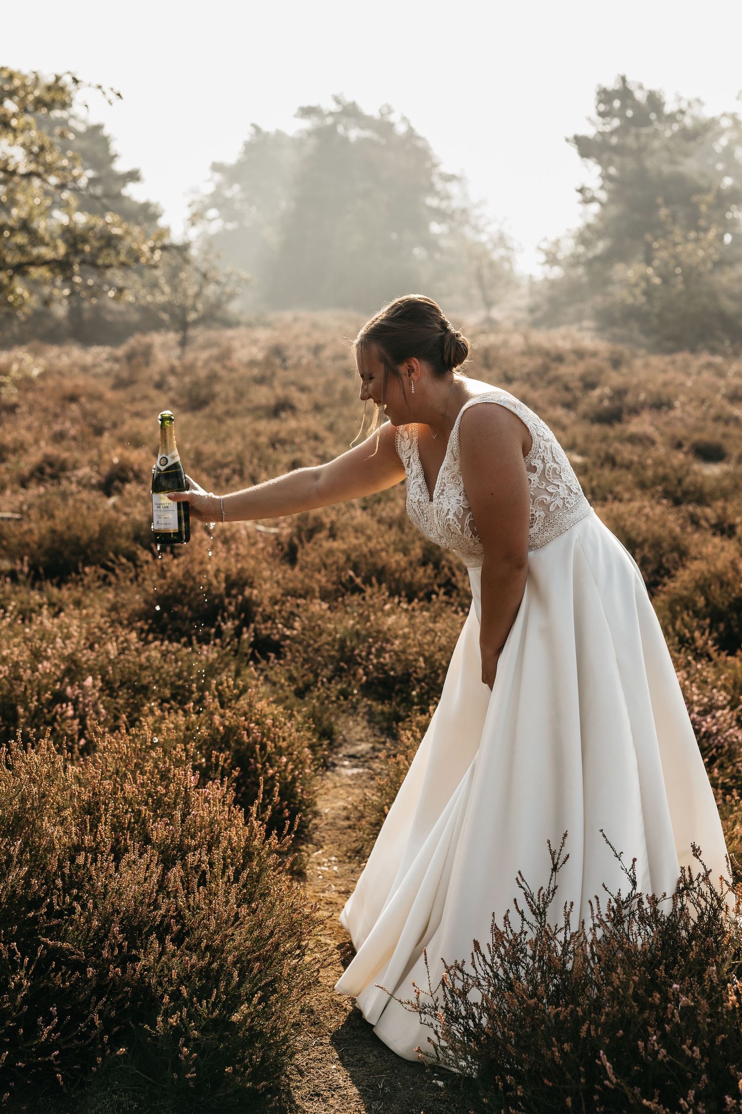 Bride in white wedding gown leaning forward holding champagne bottle over heather field path.