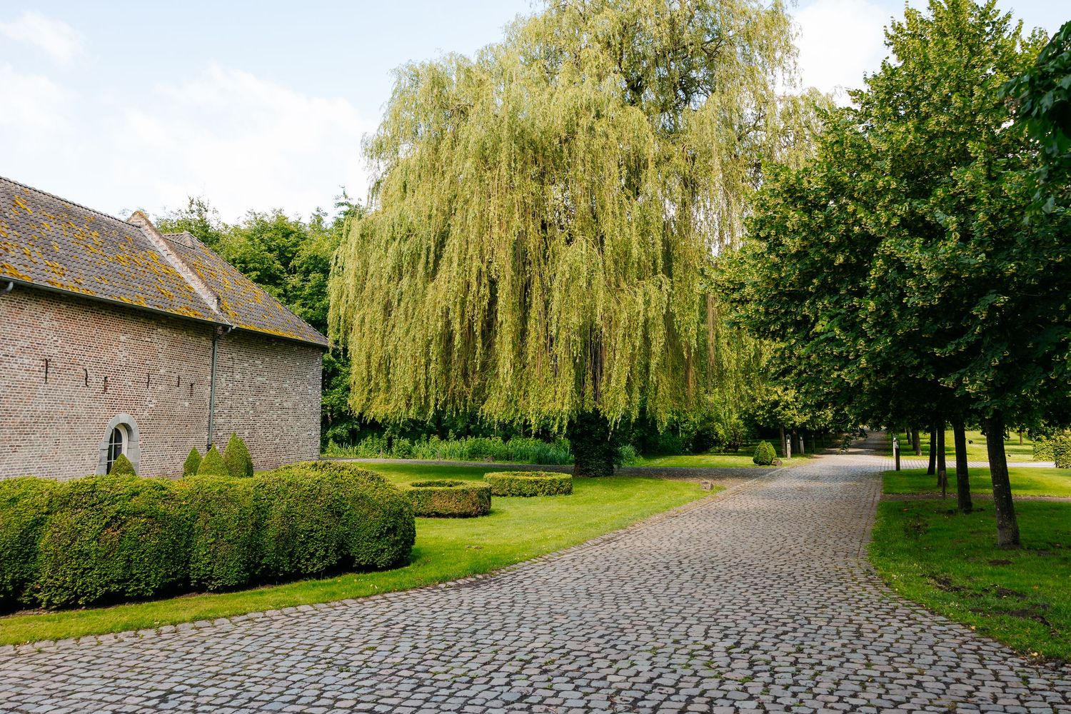 Scenic cobblestone driveway lined with lush trees and a weeping willow beside a historic stone building.
