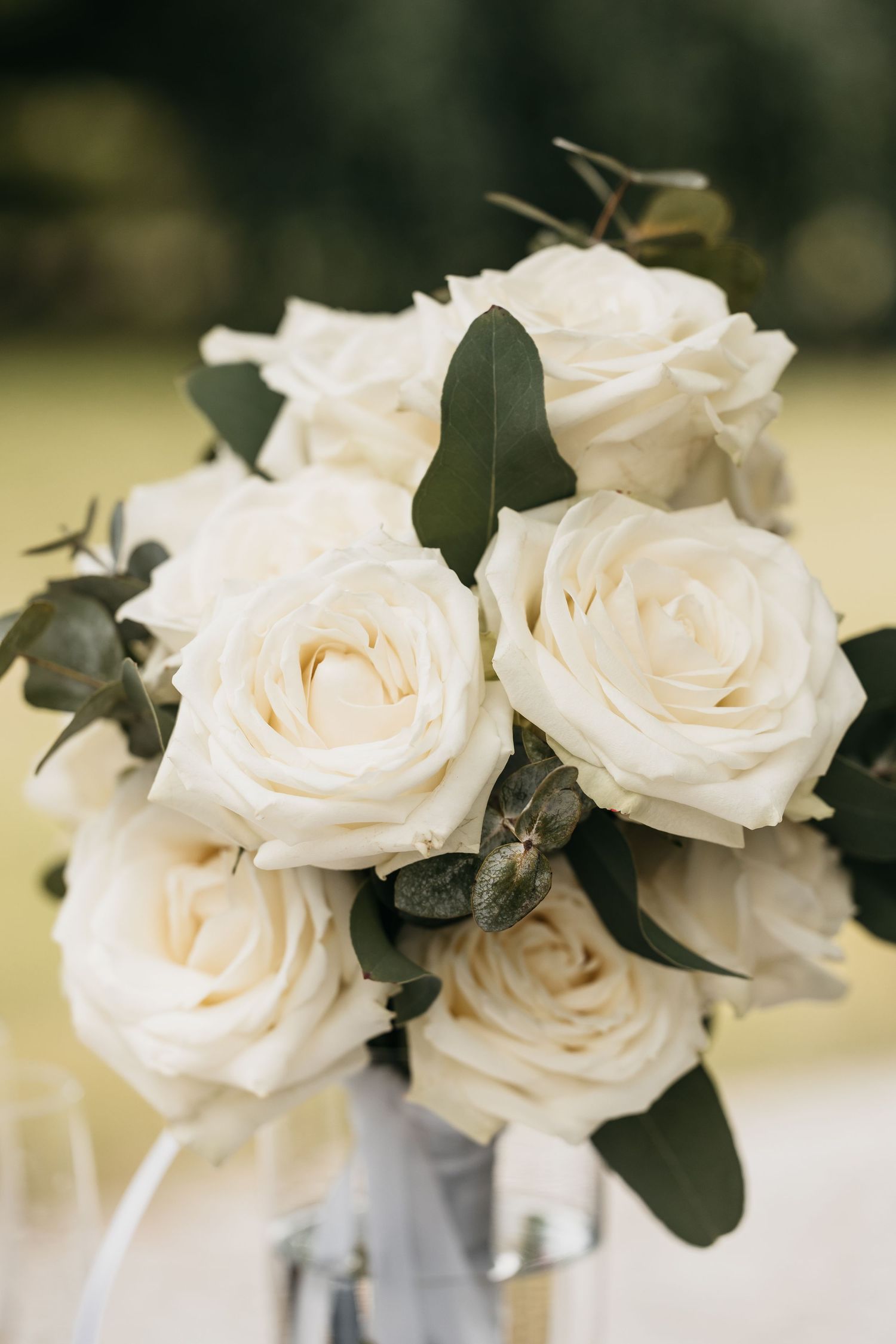 Elegant bridal bouquet of white roses and eucalyptus leaves tied with a soft ribbon.