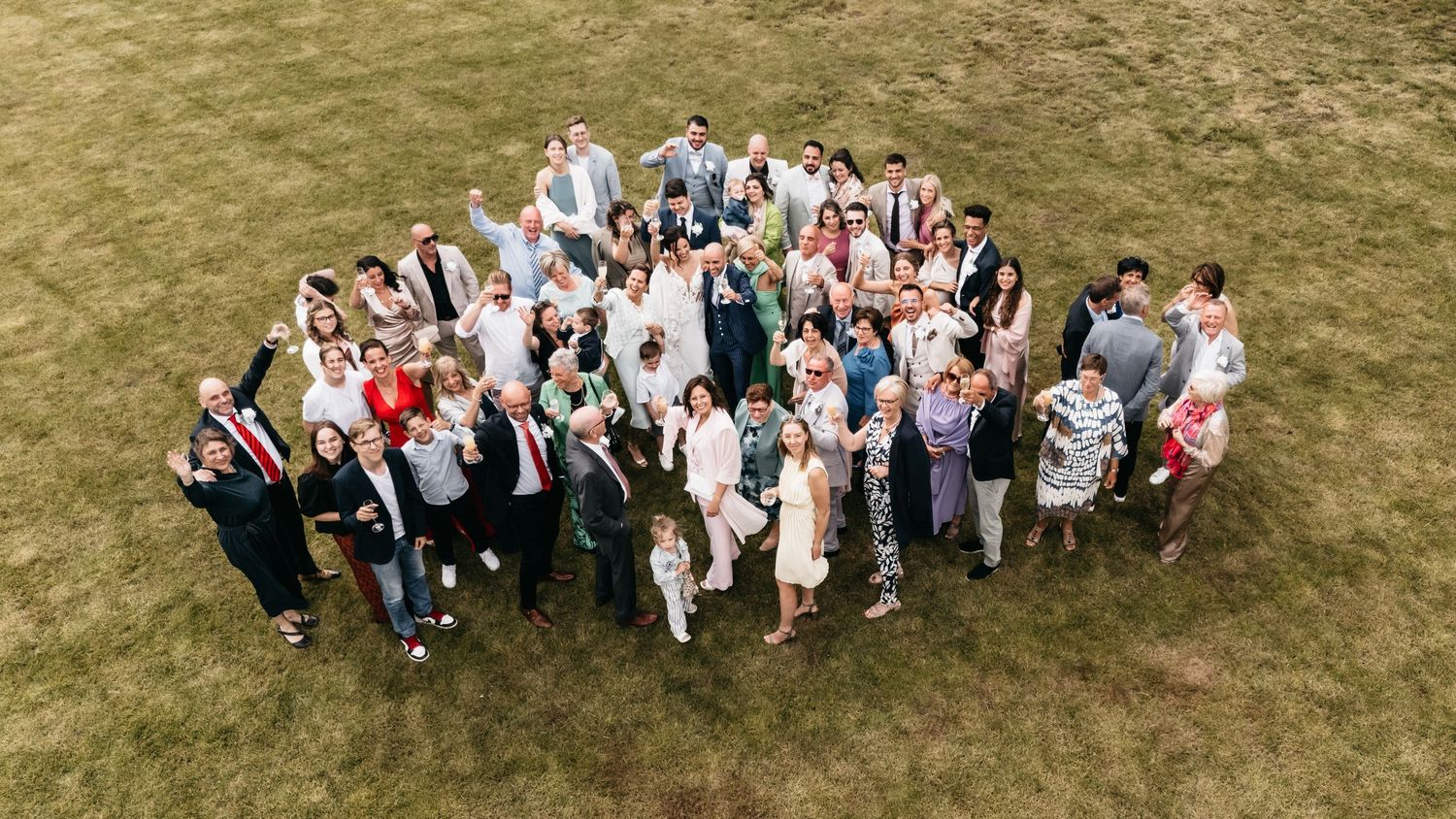 Aerial view of large wedding group photo on green lawn with all guests gathered.
