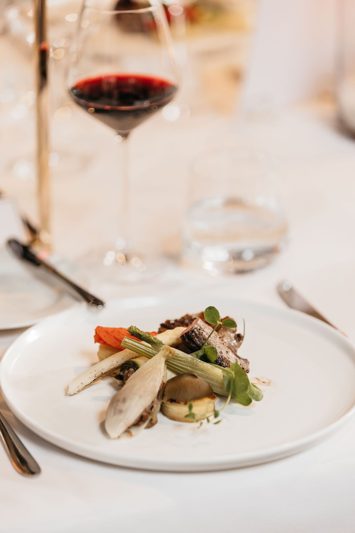 Gourmet wedding reception main course with vegetables and meat on white plate beside red wine glass.