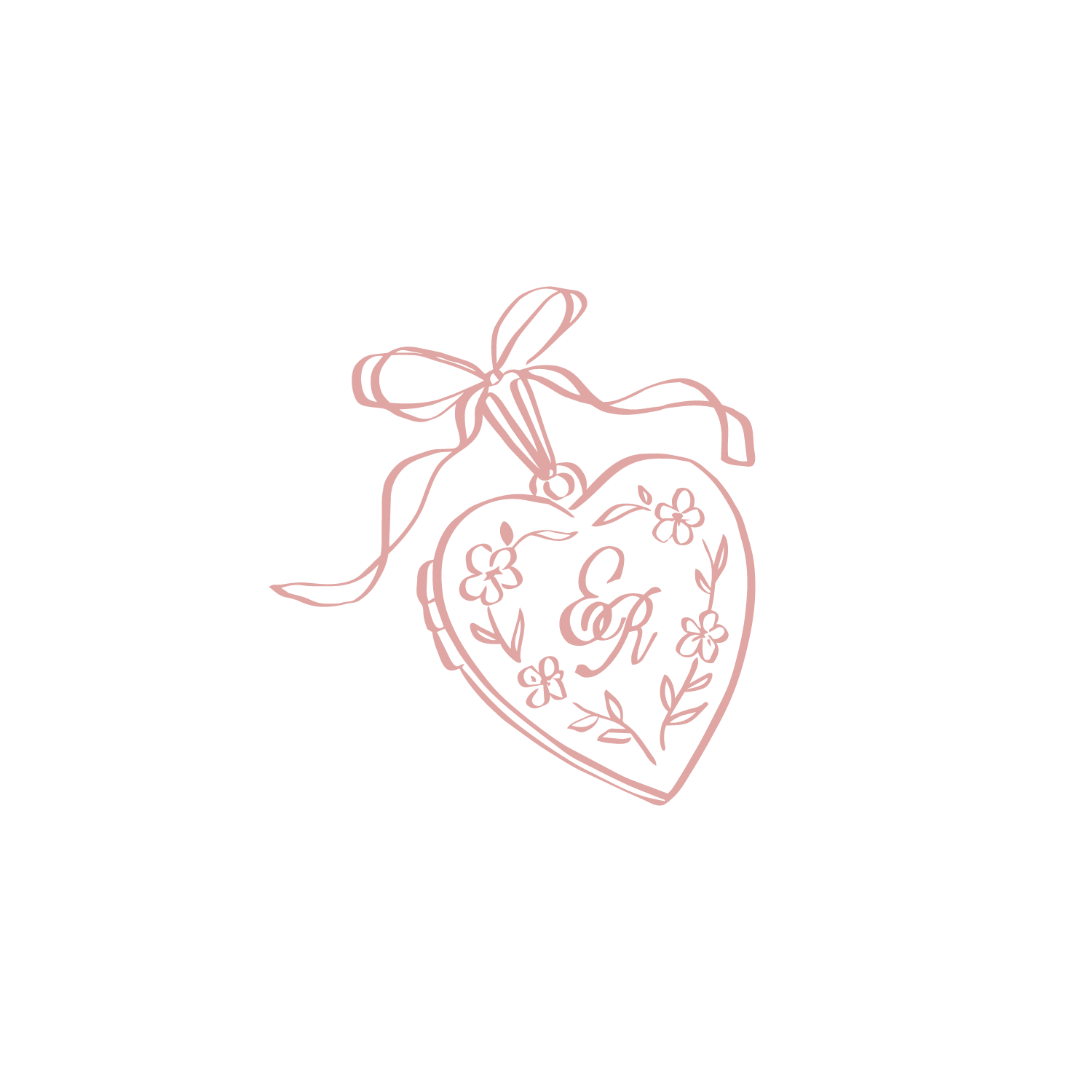 Pink line art of a heart-shaped locket with floral details, monogram initials, and a decorative bow on top.