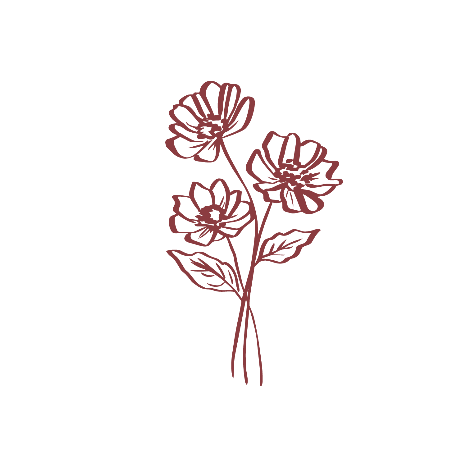 Minimalist line art illustration of two blooming flowers with leaves in dark red on white background.
