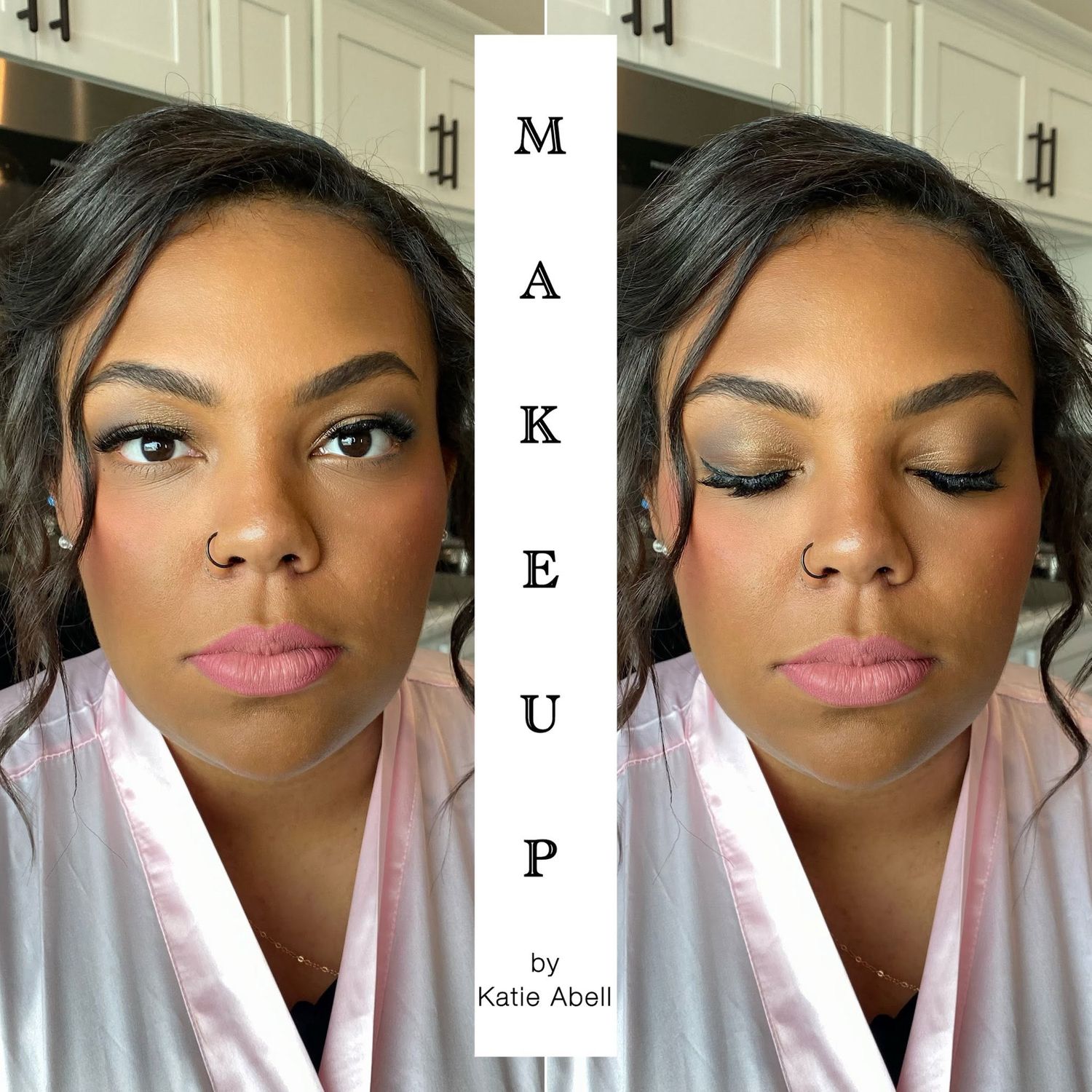 Soft glam makeup before and after by Katie Abell Beauty.