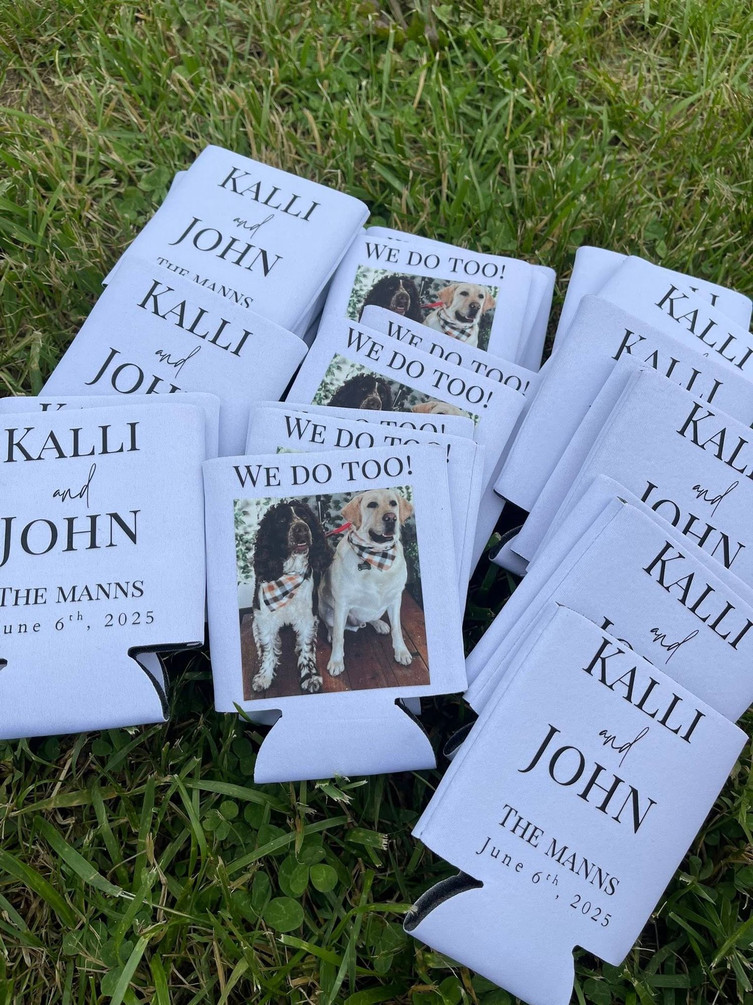 Custom wedding koozies personalized with couple names, wedding date, and pet photos.