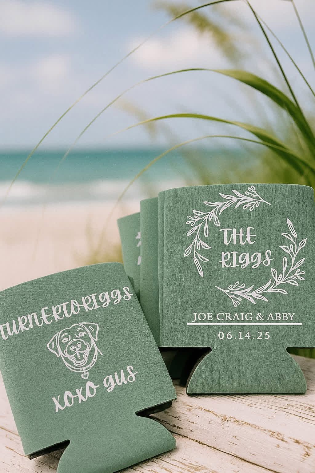 Personalized green wedding koozies with custom names, date, and designs.