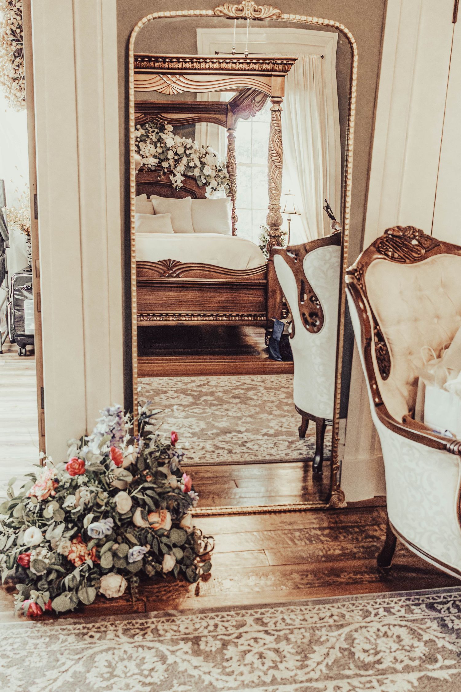 Bridal bouquet displayed inside a vintage wedding venue.