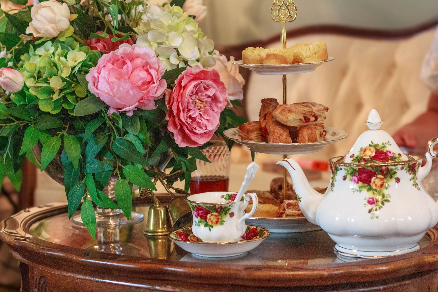 Breakfast and coffee set up on table with florals