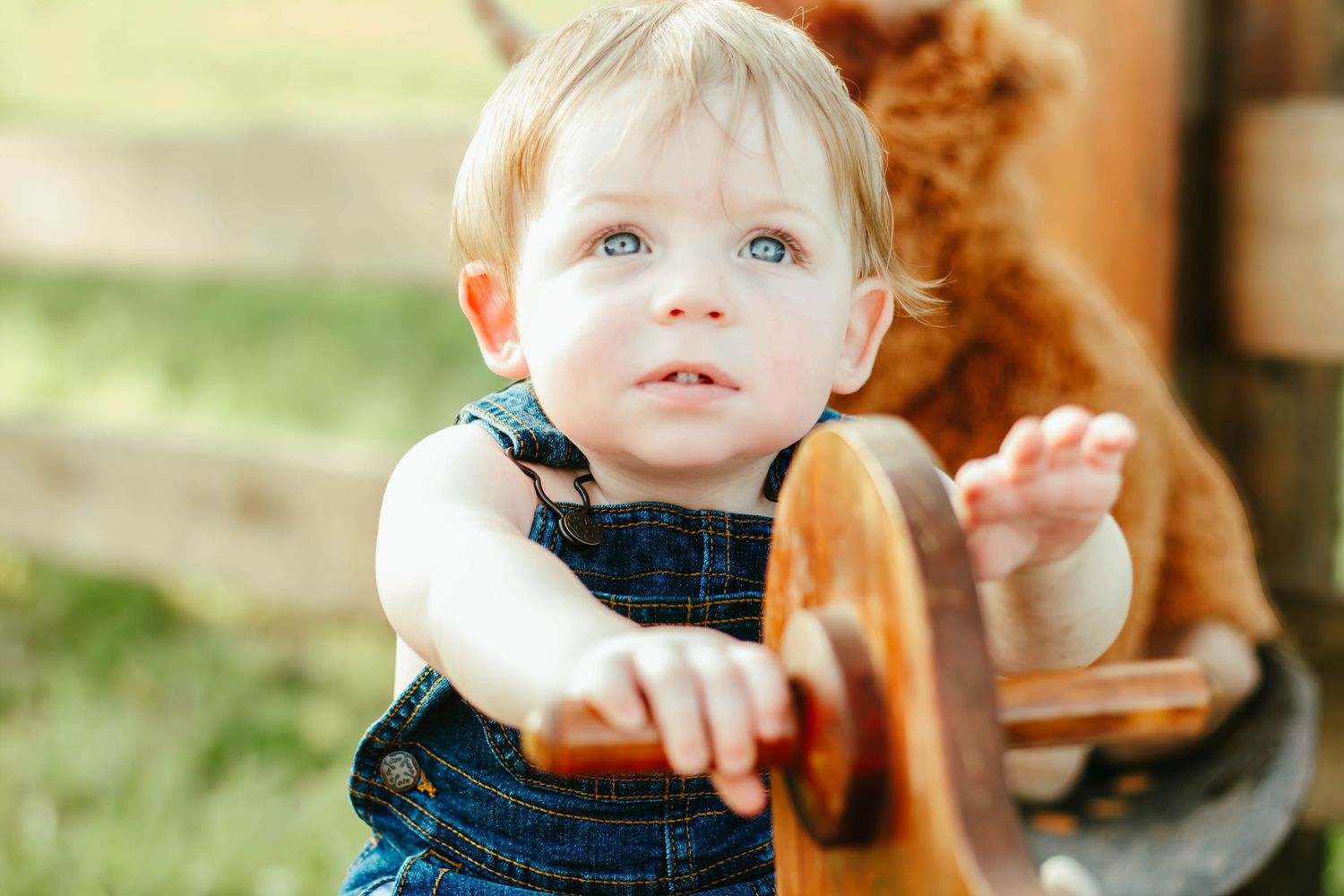 Close-up portrait of a baby with a toy horse outdoors.
