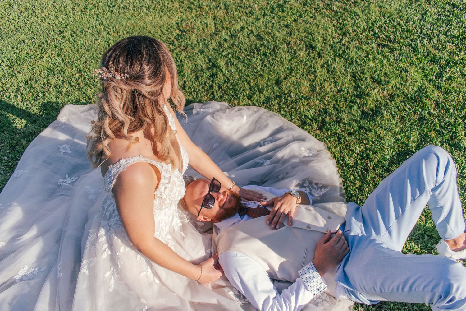 Couple captured taking a second alone after the busy wedding day.