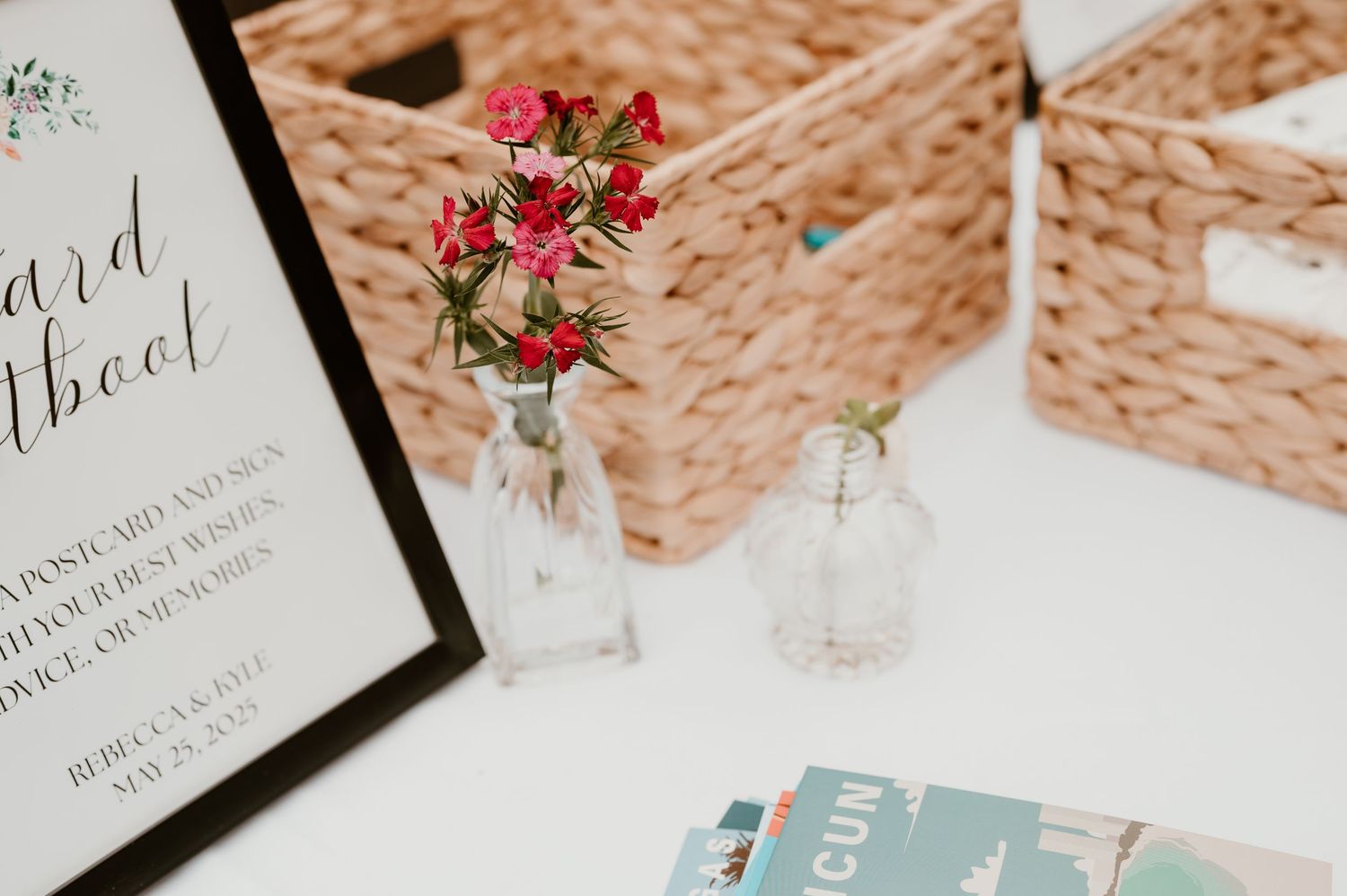 Welcome sign and basket display at a wedding reception entrance