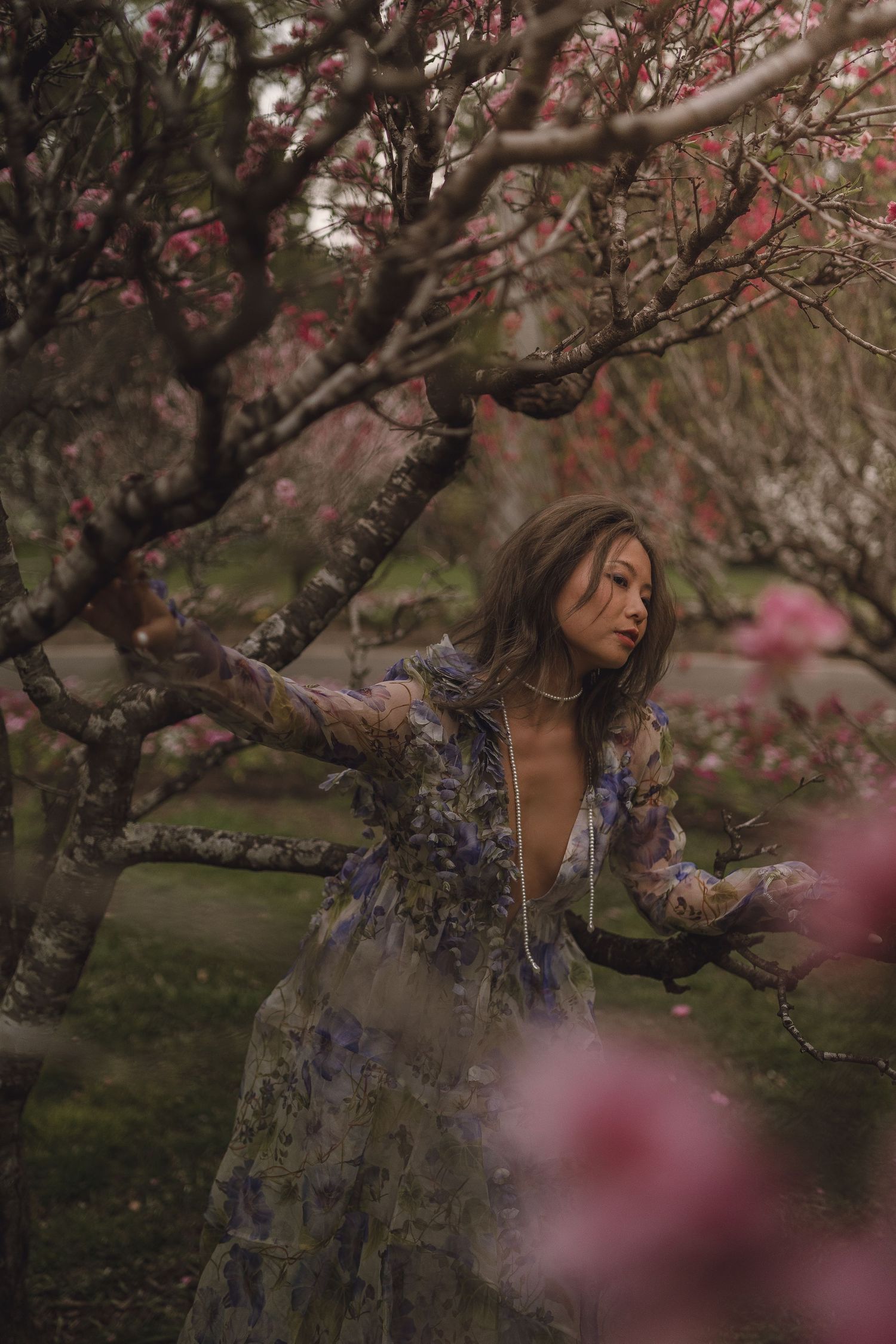 Woman in deep-V floral dress posing among blooming pink trees in garden.