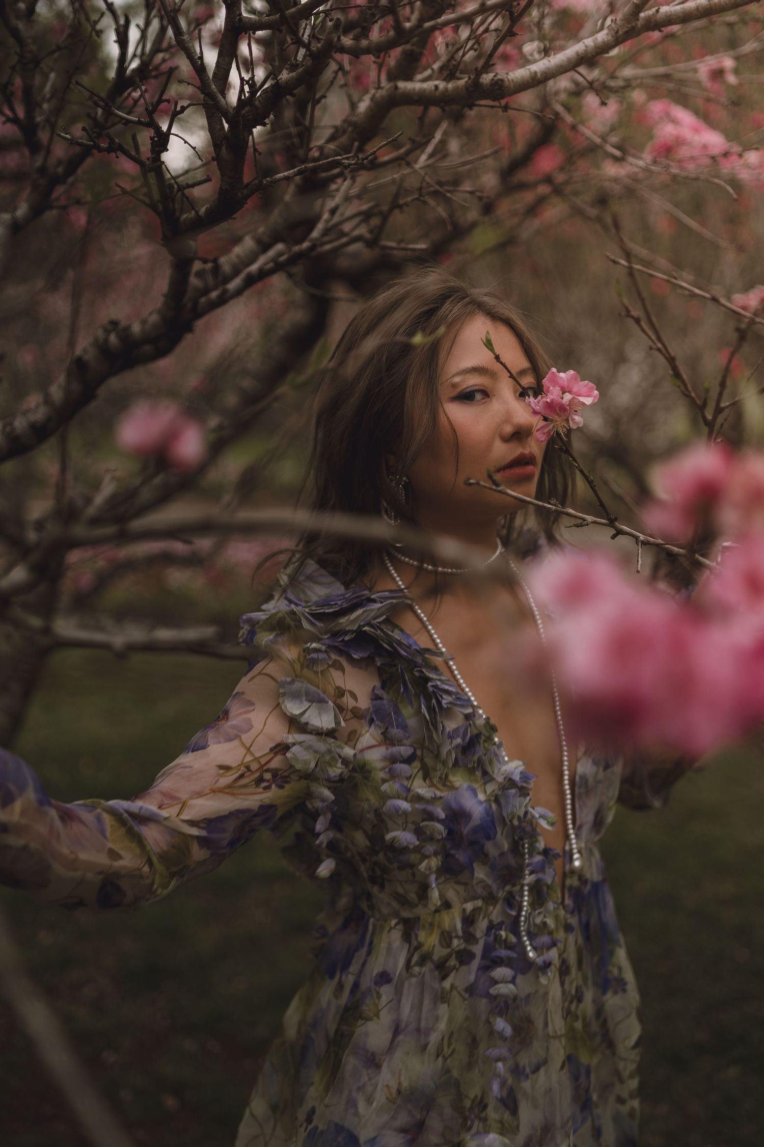 Woman in floral dress reaches toward pink cherry blossoms among bare tree branches in garden.