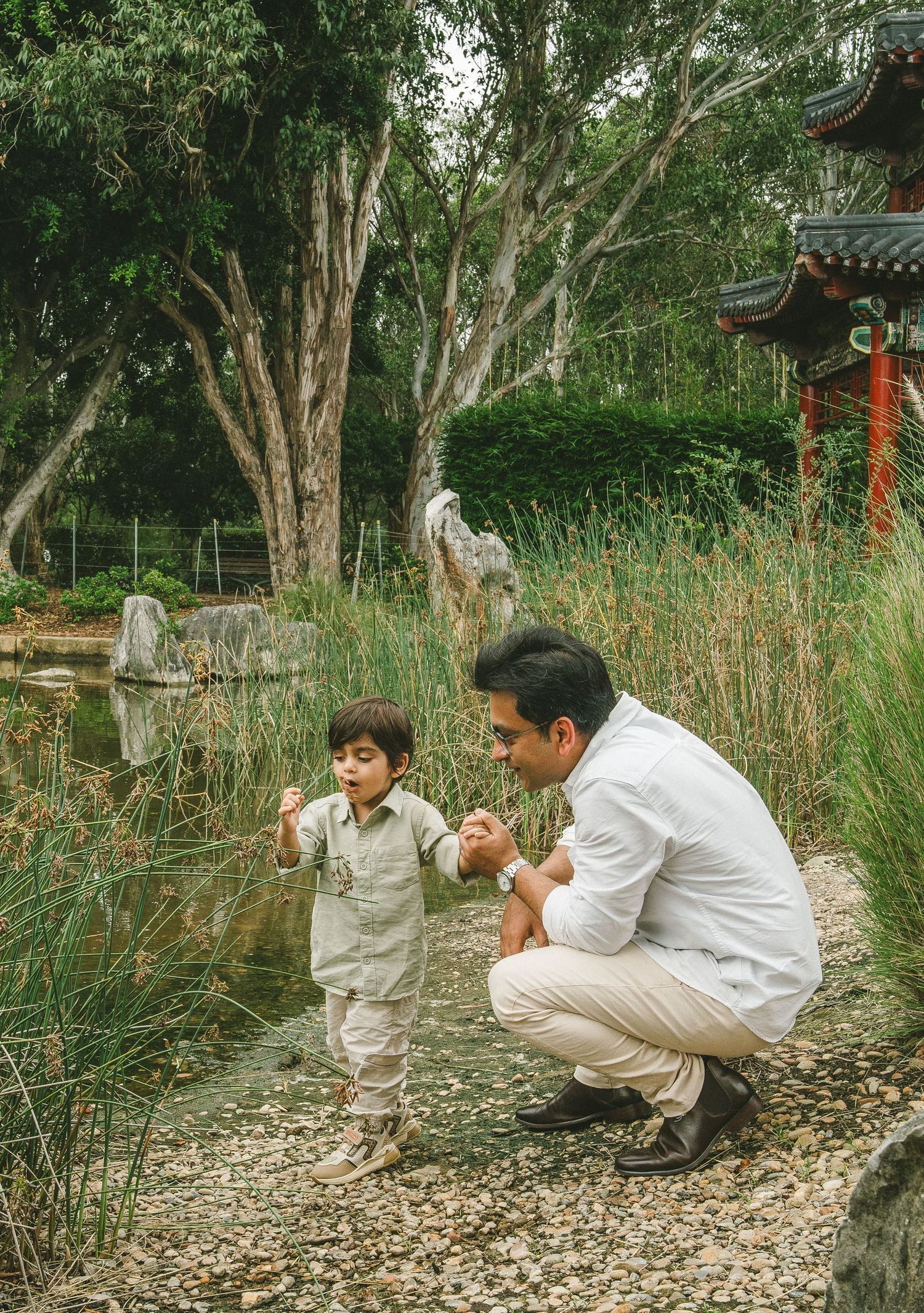 Father crouching to show young toddler son something interesting near a tranquil garden pond.