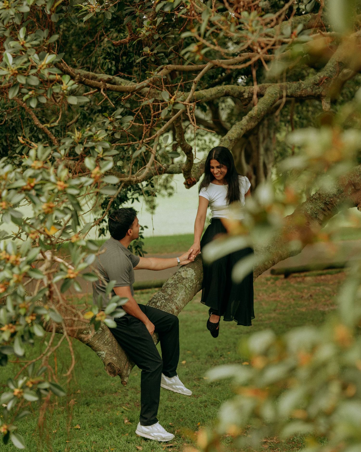 A couple shares a playful moment as the woman sits on a tree branch holding hands with her partner below.