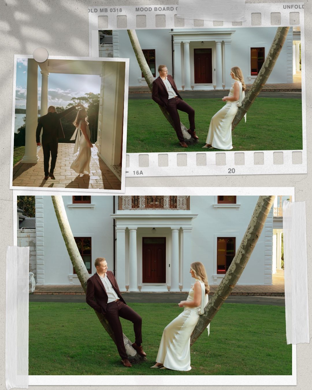 Film-style wedding photo collage of bride and groom at a white colonial estate with palm trees.