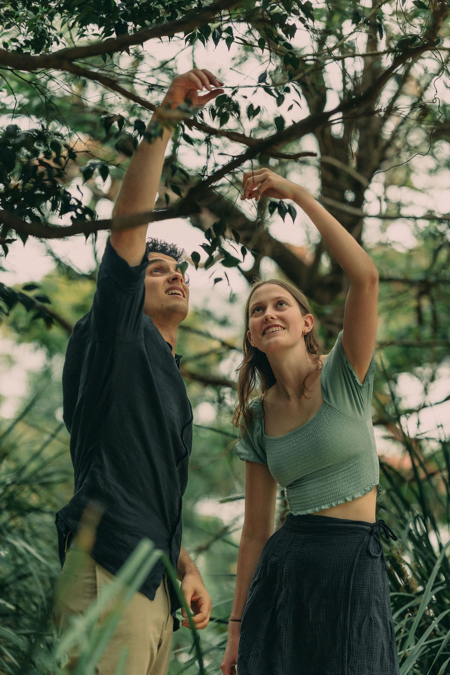Happy couple reaching up to touch tree branches together in a green forest setting.