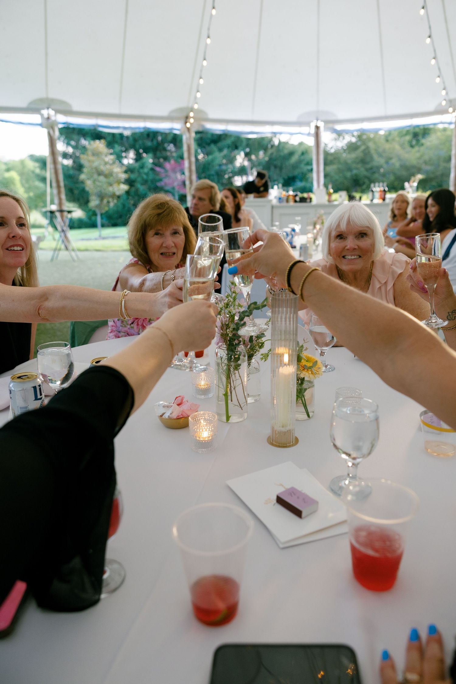 Wedding guests raising champagne glasses in a toast under a white tent at an outdoor reception.