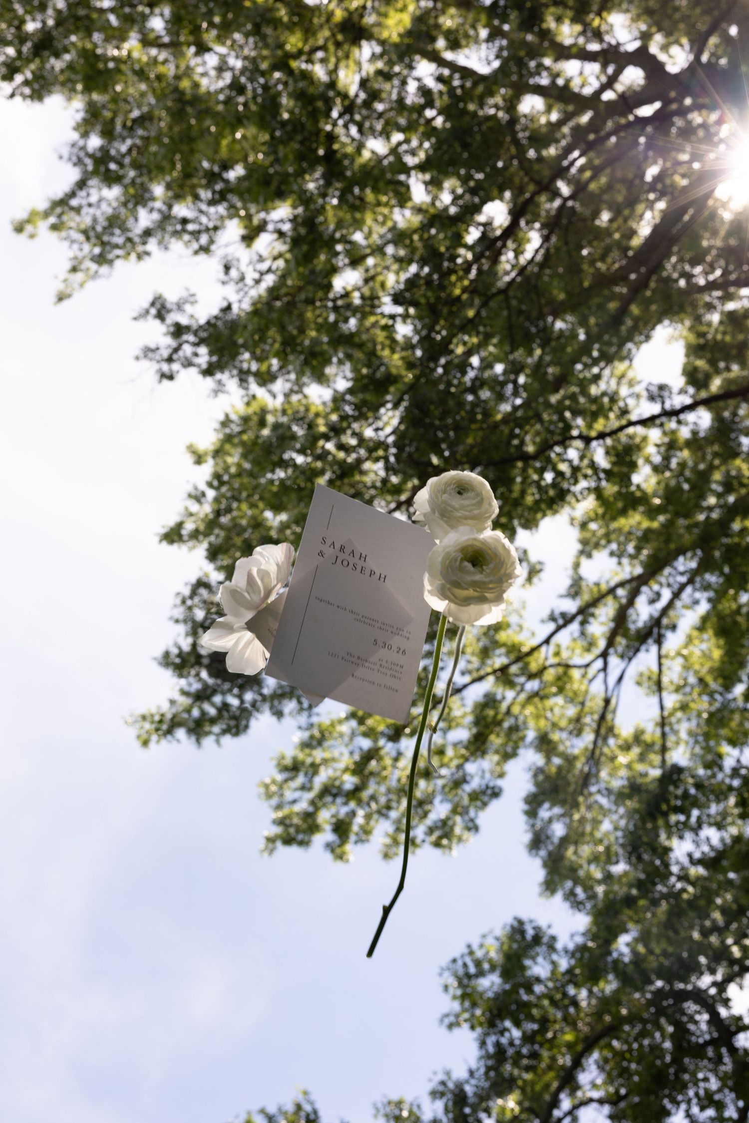 Wedding program for Sarah and Joseph held up against sunlit green trees from below.