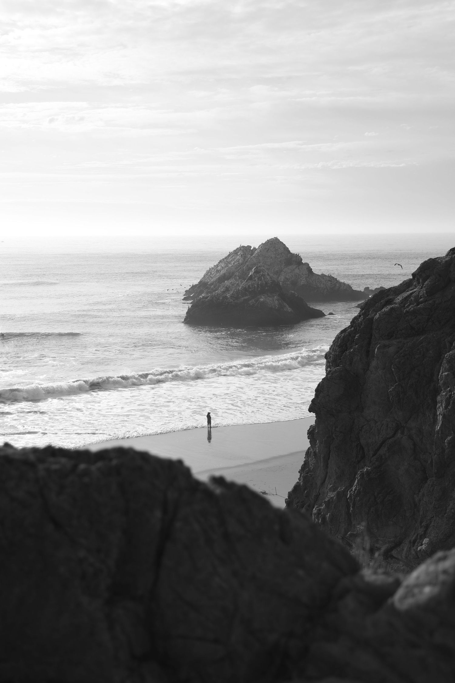 Black and white coastal scene with a lone figure standing on a sandy beach beside dramatic rocky outcrops.