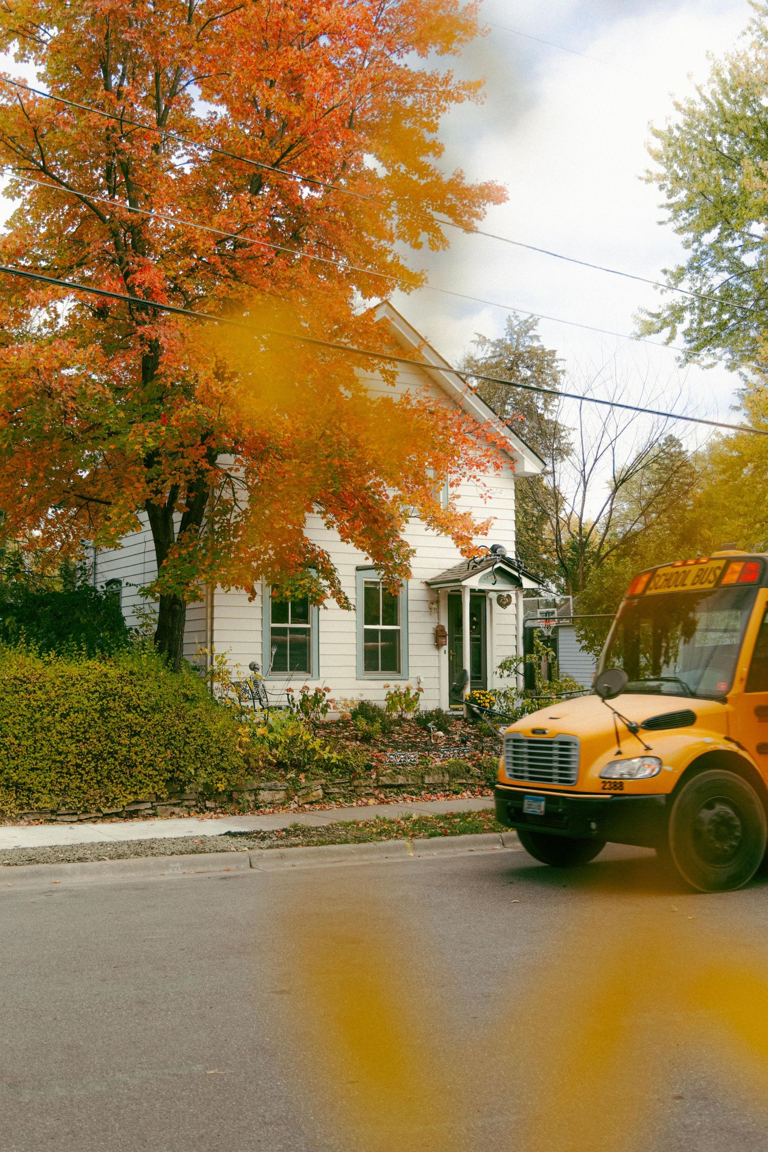 Yellow school bus passing a white New England home framed by brilliant orange and red fall foliage trees.