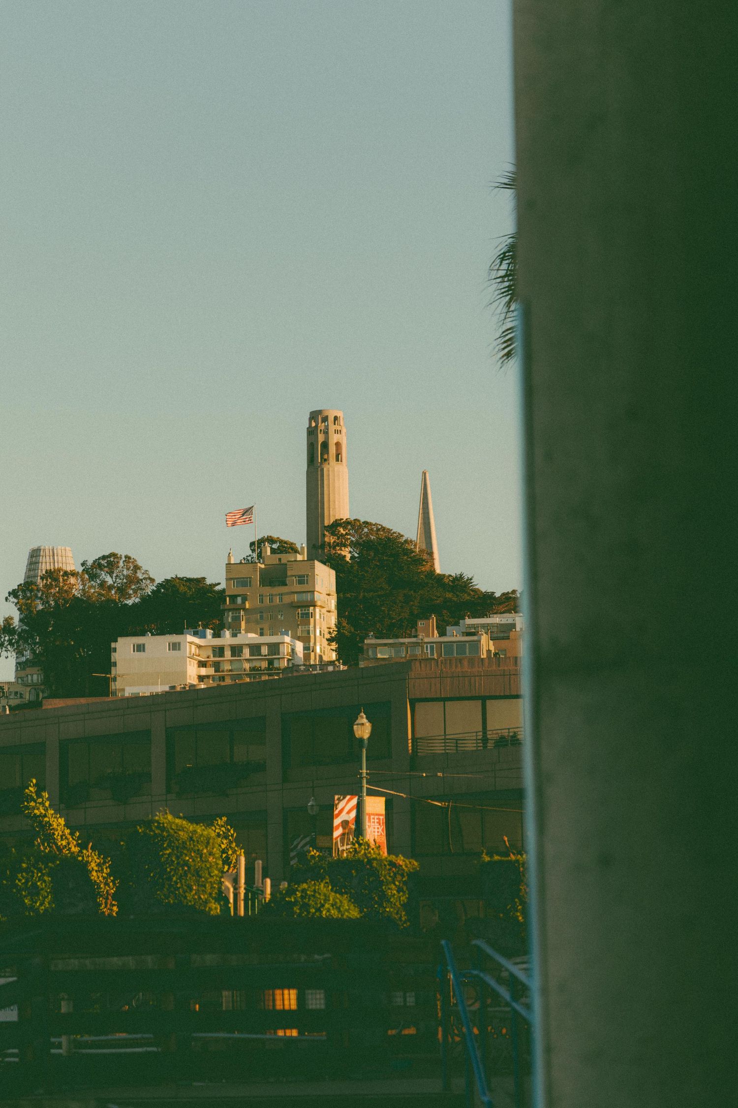 Coit Tower and Transamerica Pyramid visible above San Francisco waterfront buildings at golden hour sunset.