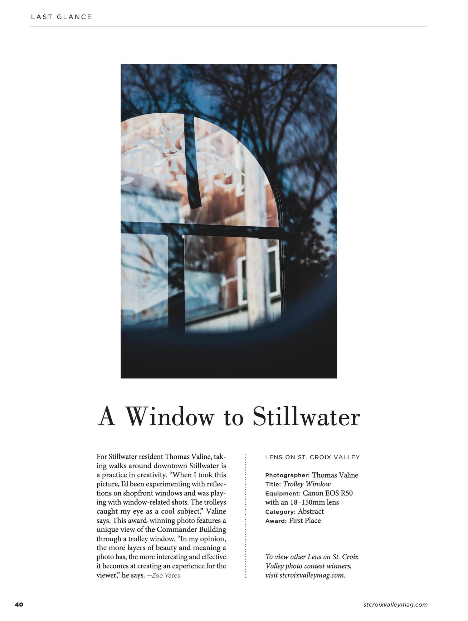 A circular window reflection photograph titled A Window to Stillwater, featured in a magazine's last glance section.