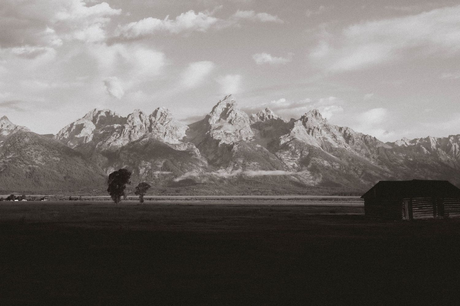 Black and white photo of Grand Teton mountain range with vast plains, lone tree, and rustic barn in foreground.