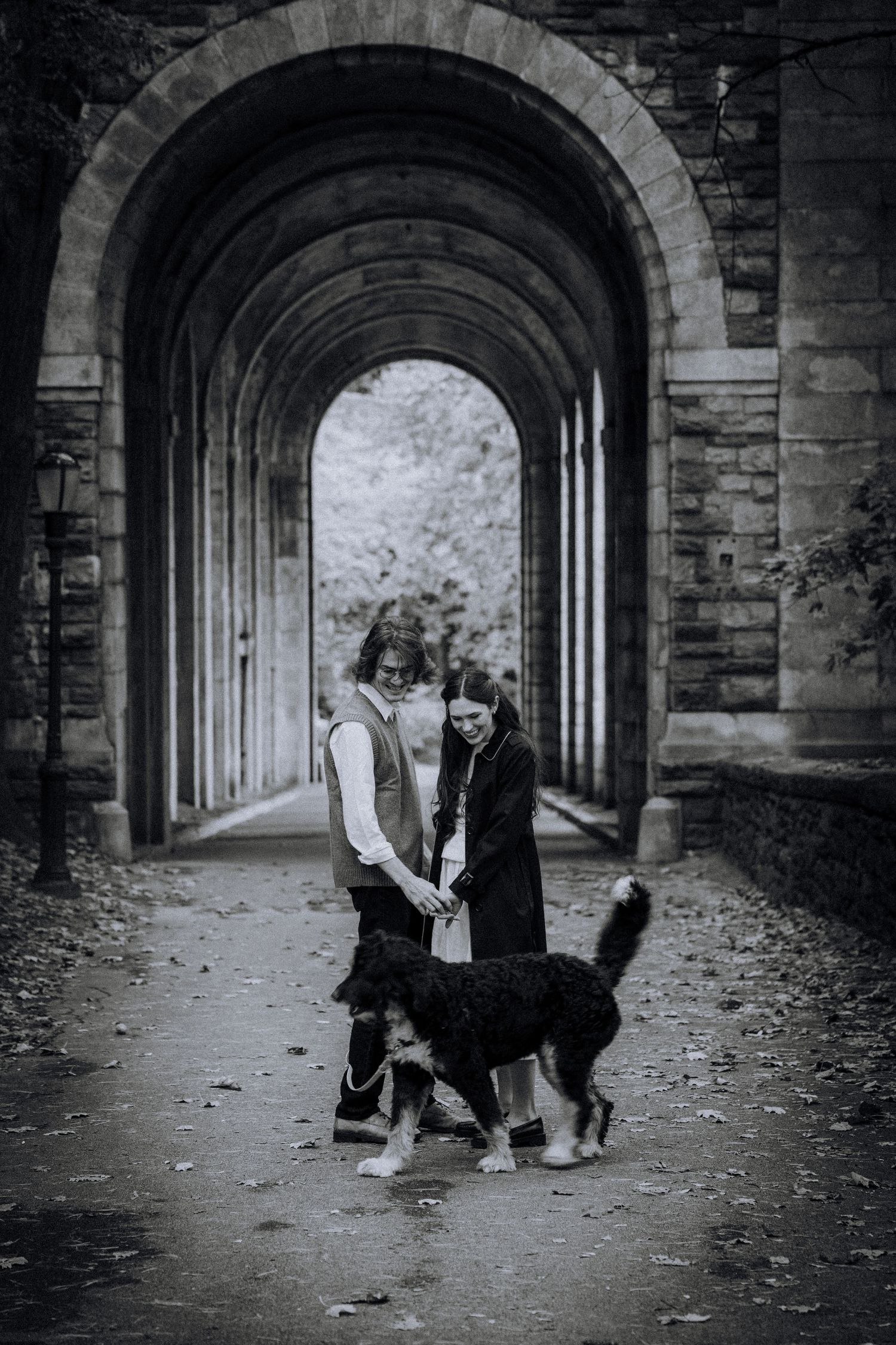 A stone archway corridor with people and dogs walking through.