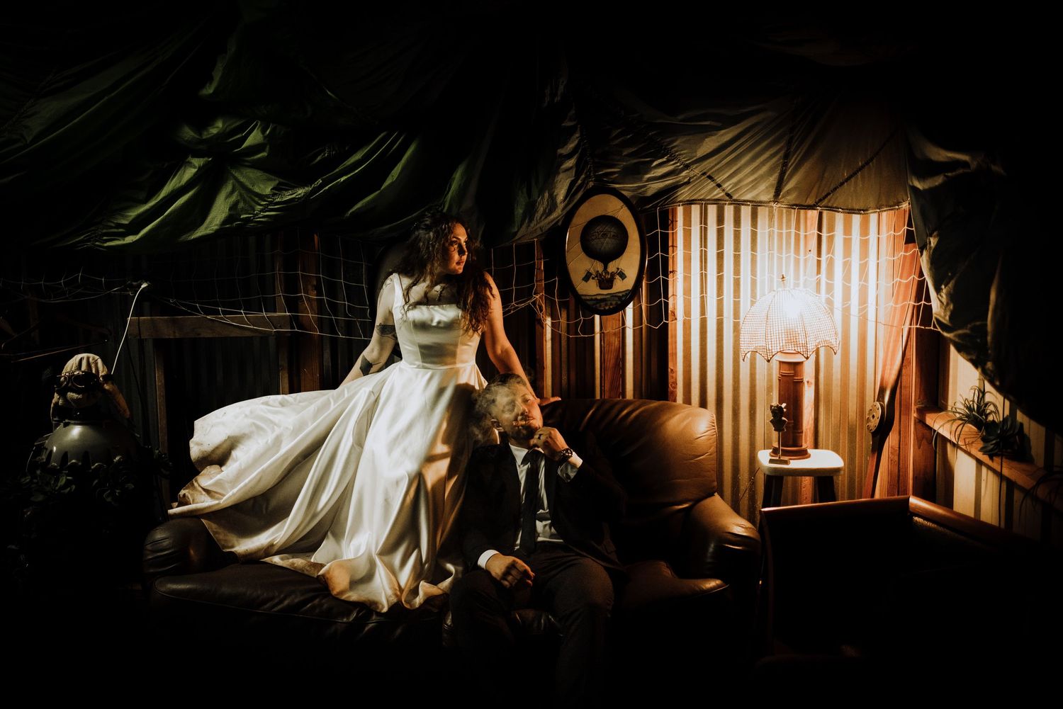 Artistic wedding photography sequence with dramatic shadows and warm lighting.