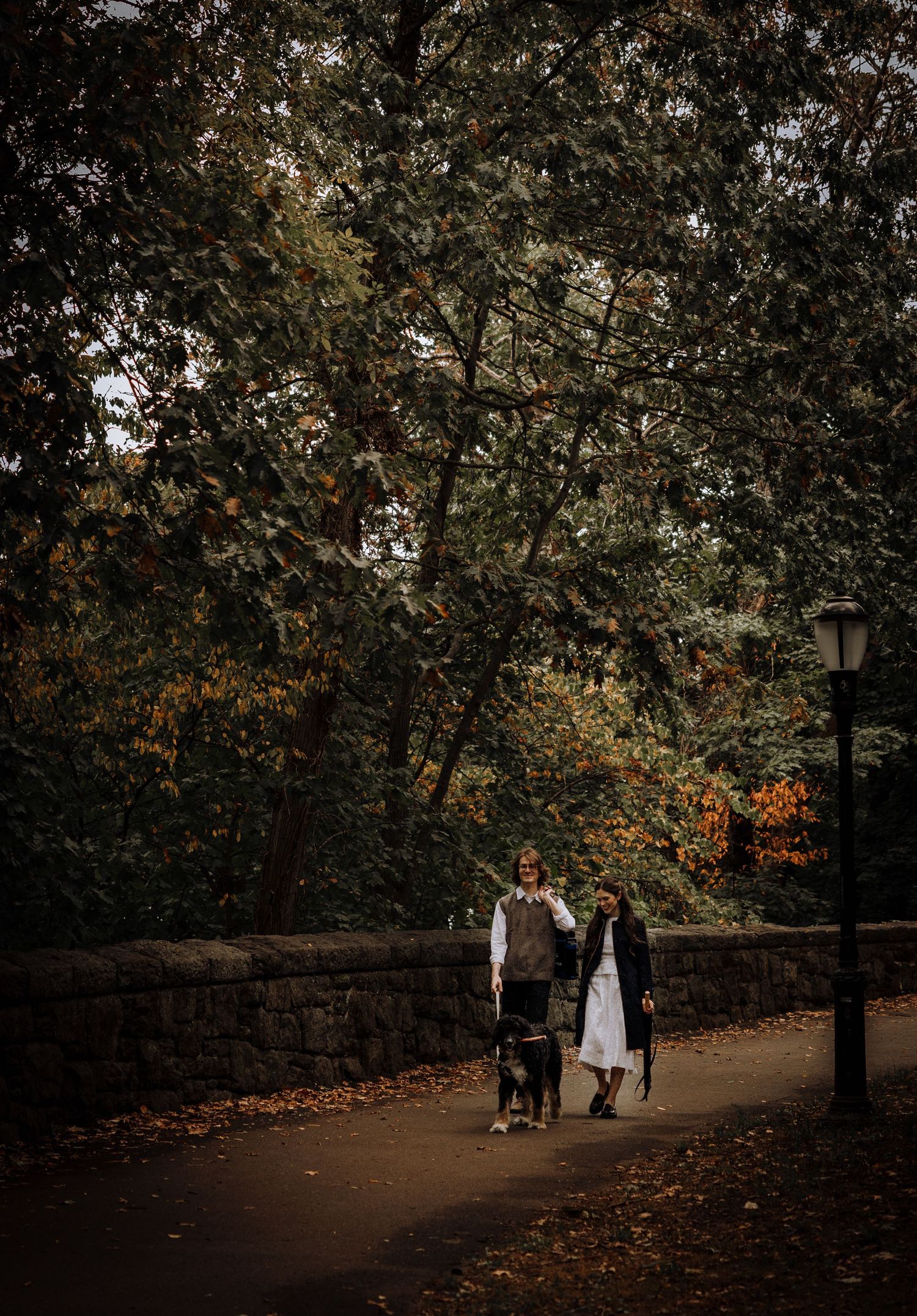A couple walking along a tree-lined autumn path with fallen leaves.