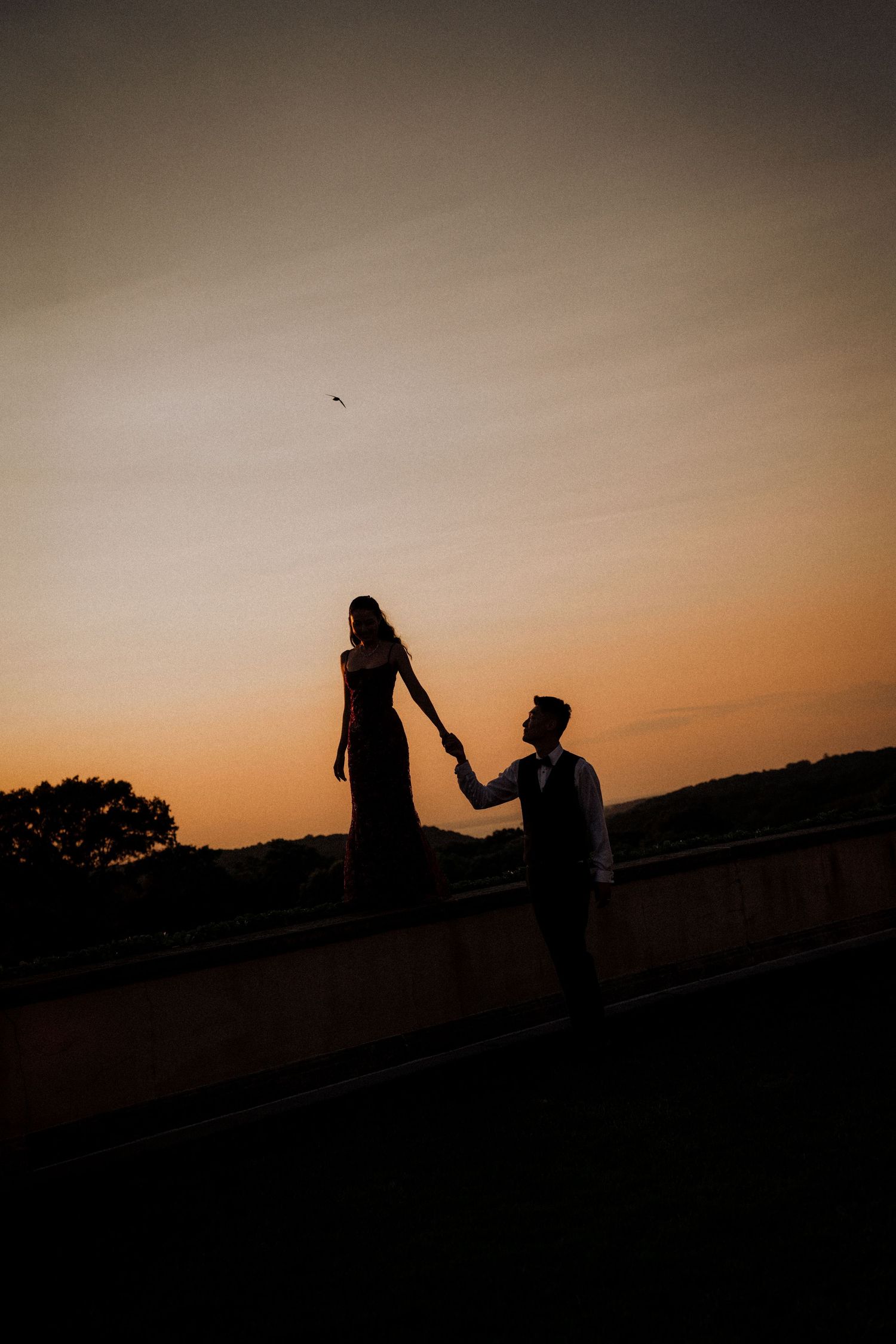 Silhouette of a couple holding hands at sunset, woman standing on a wall, romantic golden sky backdrop.